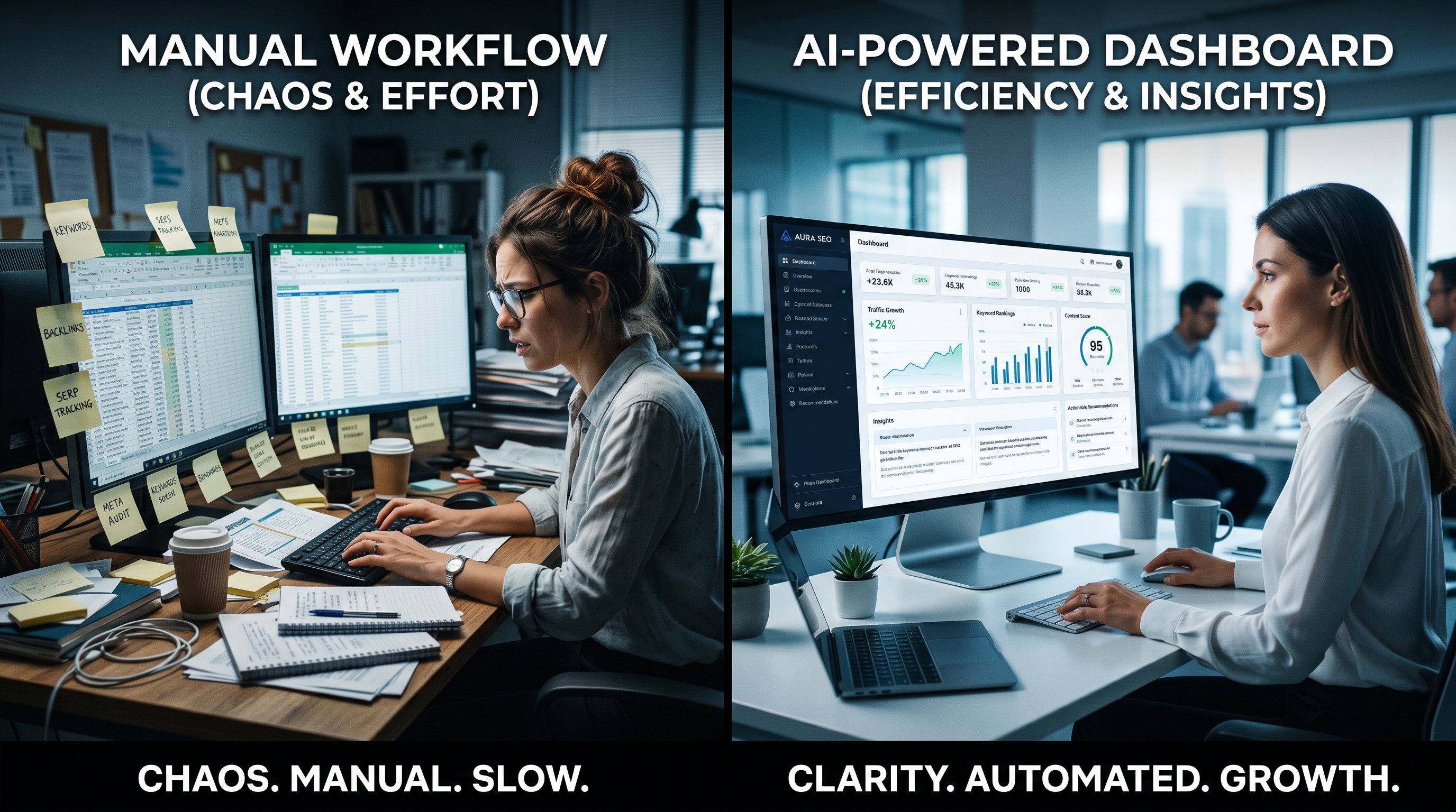Split-screen comparison of a cluttered manual SEO workflow with sticky notes and spreadsheets on the