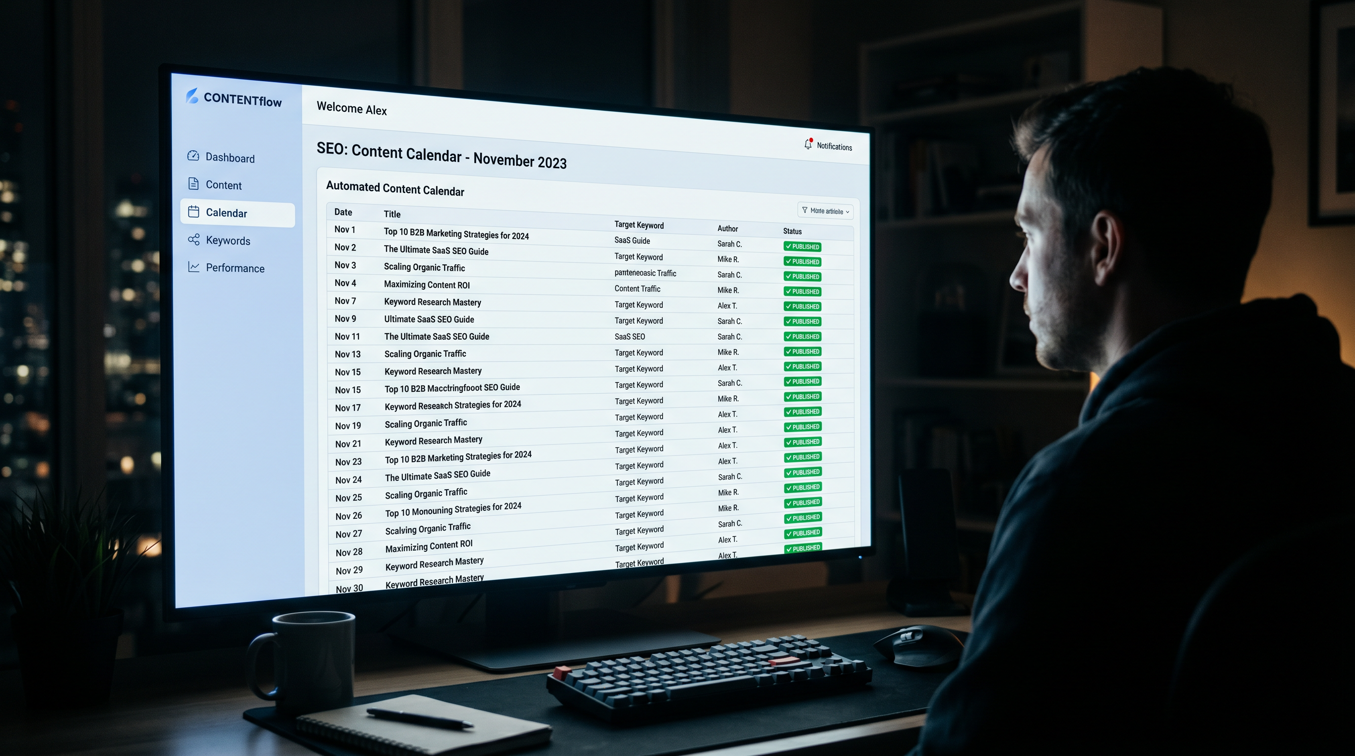 Clean SaaS dashboard showing an automated SEO content calendar with green 'Published' status labels 