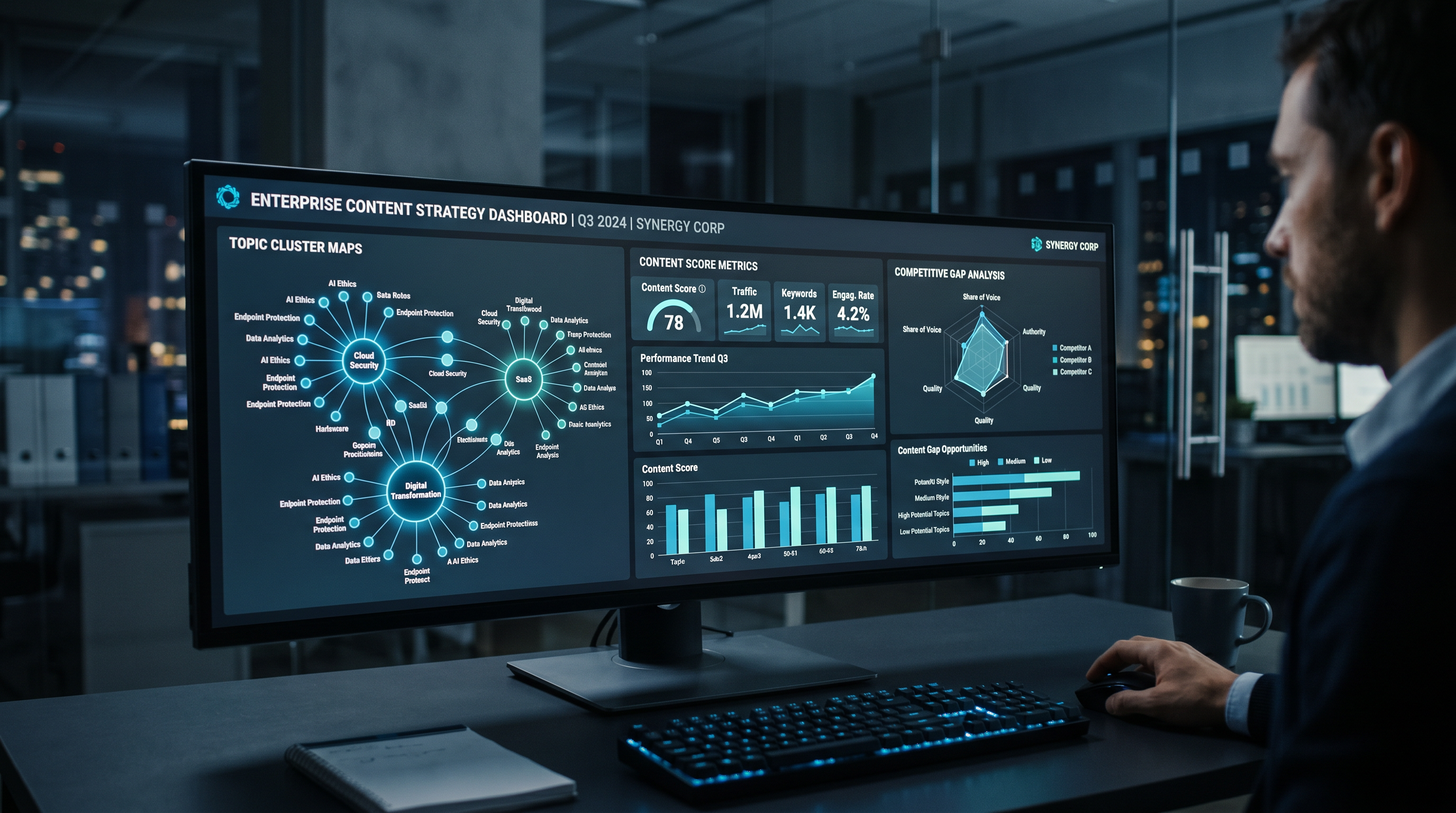 Enterprise content strategy dashboard showing topic cluster maps, content score metrics, and competi