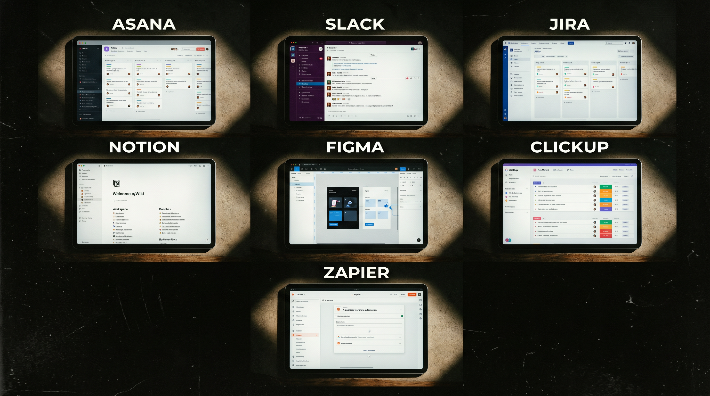 Flat-lay of seven digital tool interface screenshots arranged in a grid on a clean white surface, la