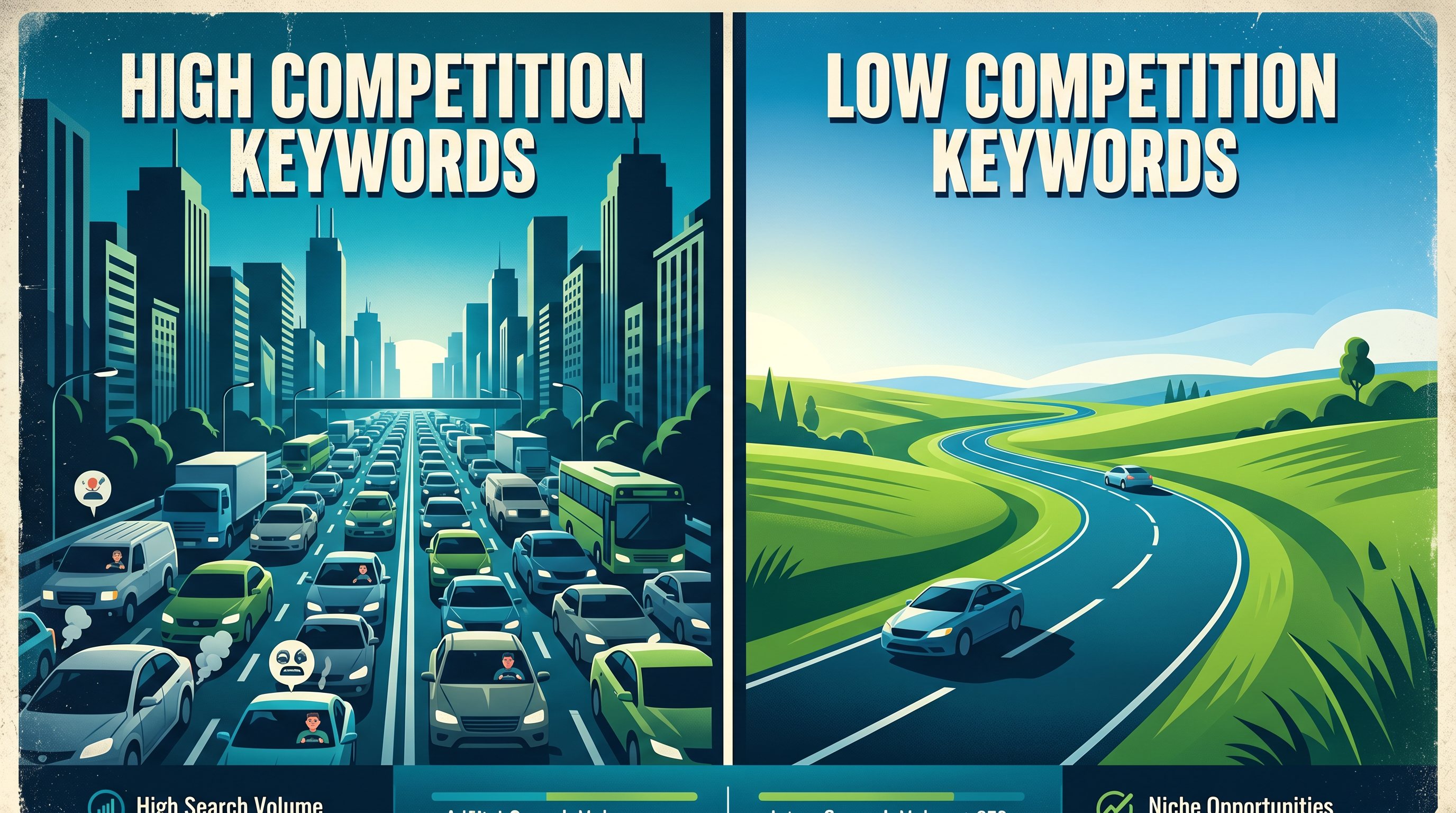 Split-screen comparison showing a crowded highway labeled 'High Competition Keywords' vs a clear ope