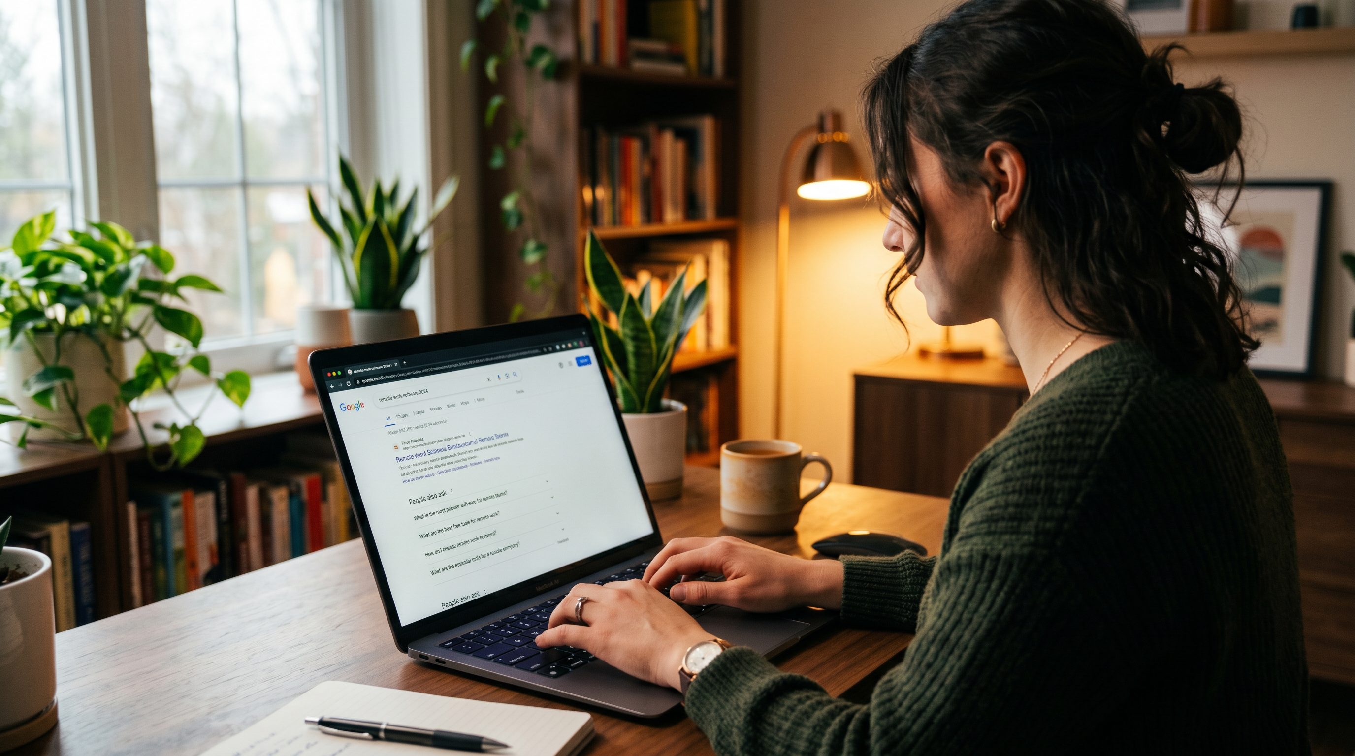 Person at a laptop with a Google search results page visible on screen, highlighting 'People Also As