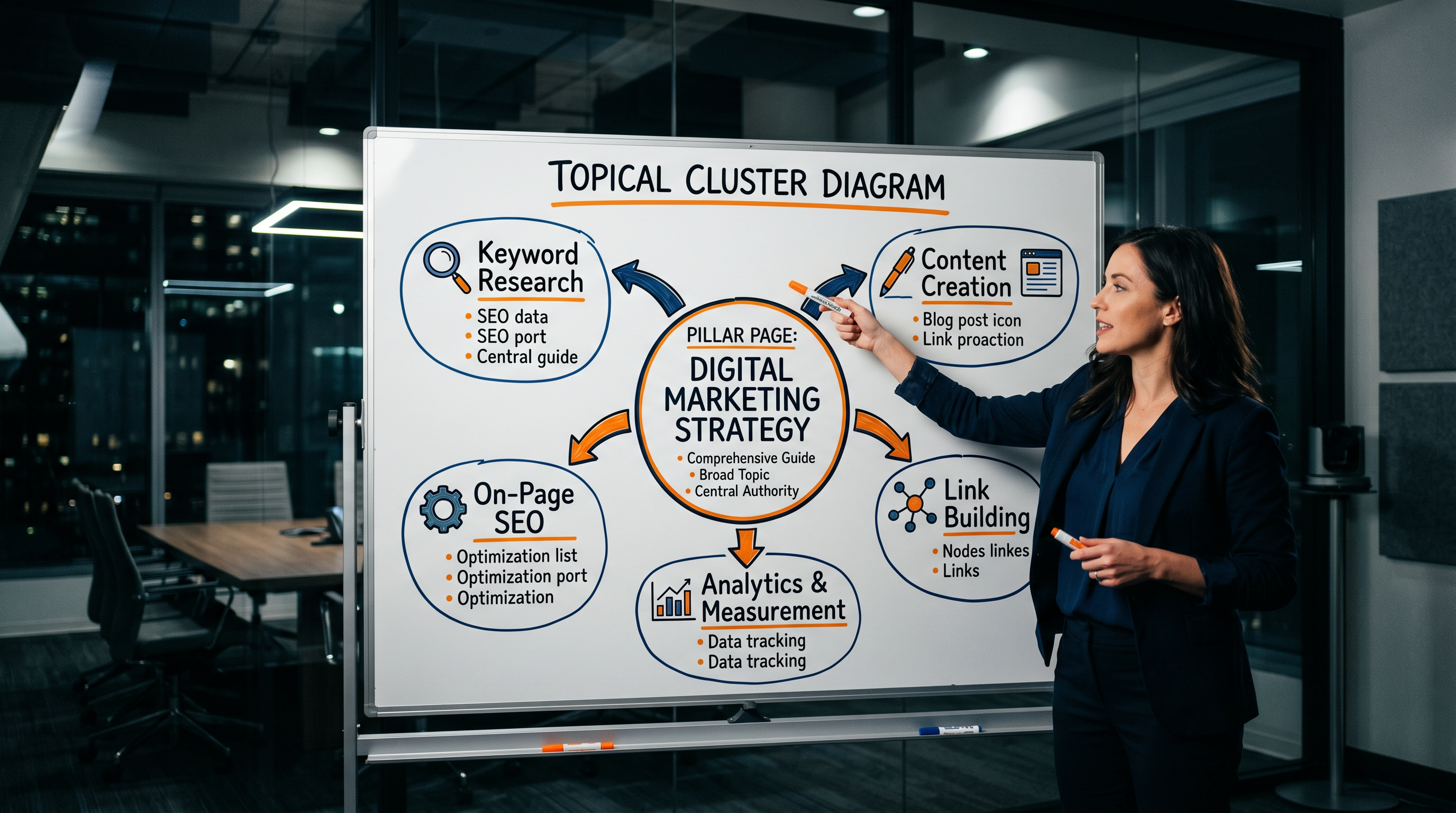 Topical cluster diagram on a whiteboard showing a central 'Pillar Page' hub connected to five 'Clust