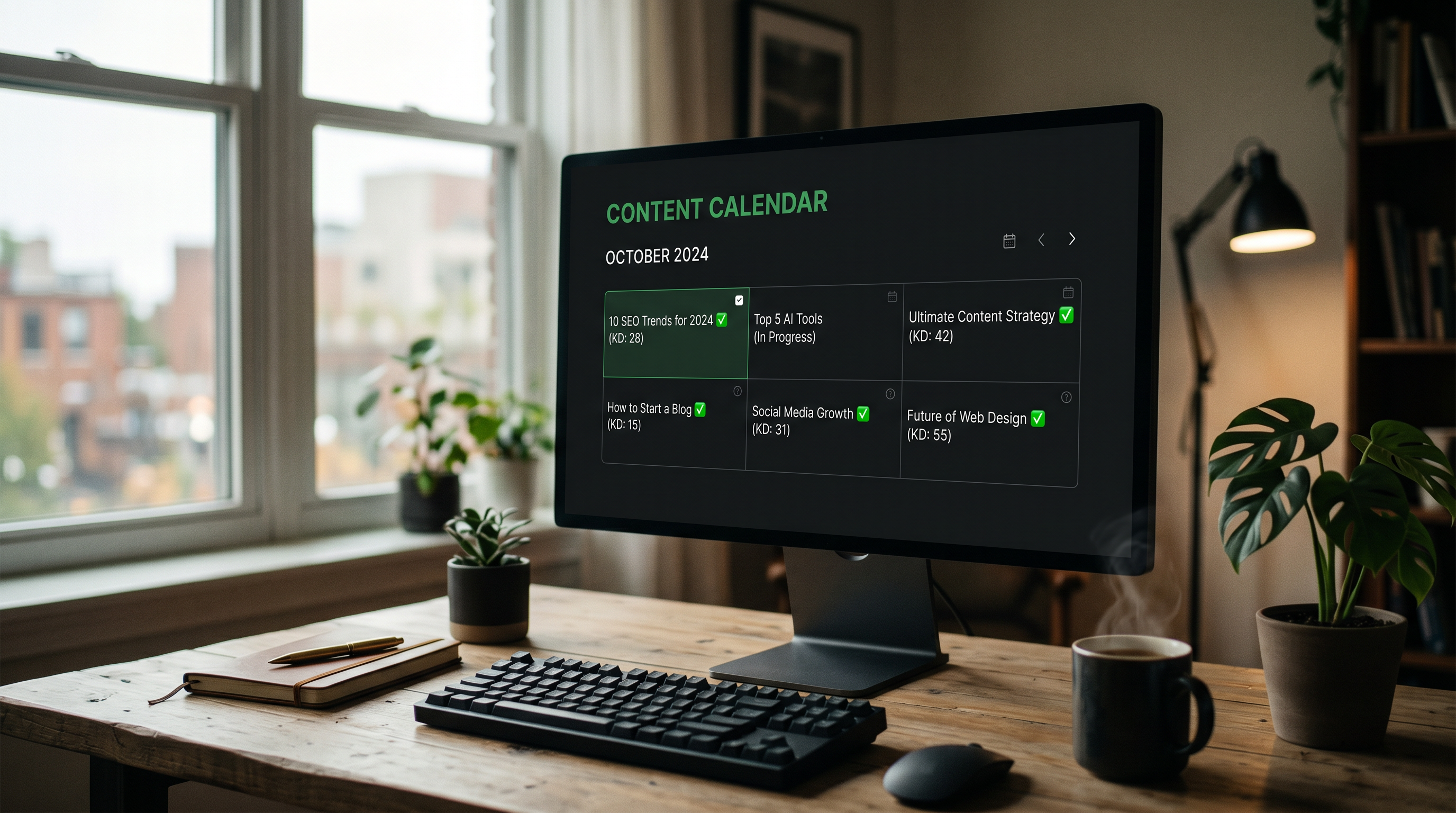 Clean content calendar on a monitor screen showing article titles with green checkmarks and keyword