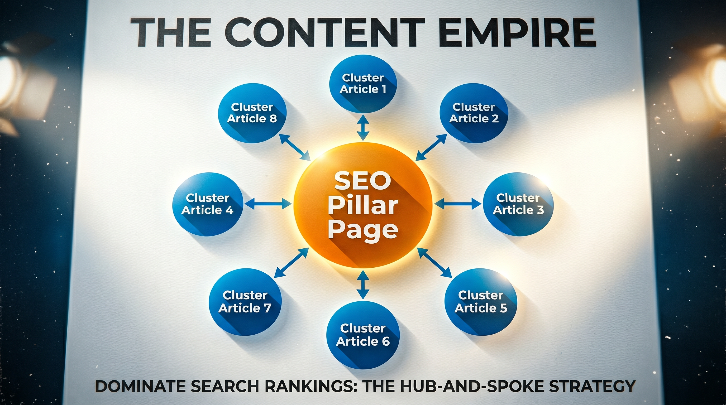 Diagram of a hub-and-spoke content architecture with a central pillar page labeled 'SEO Pillar Page'