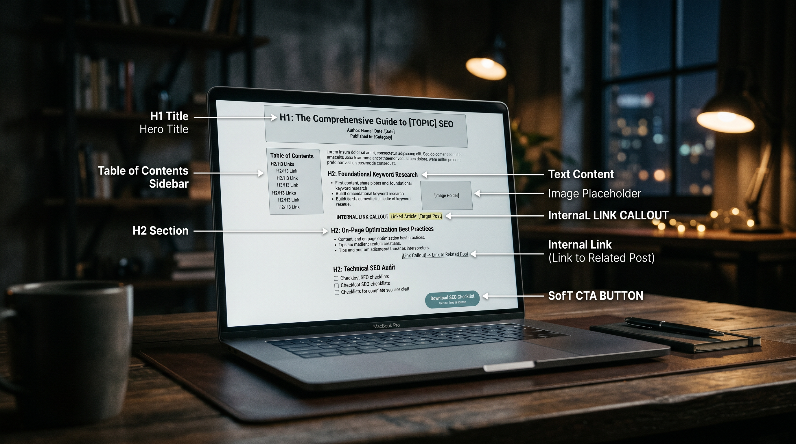 Annotated wireframe mockup of an SEO pillar page layout on a laptop screen, showing labeled sections