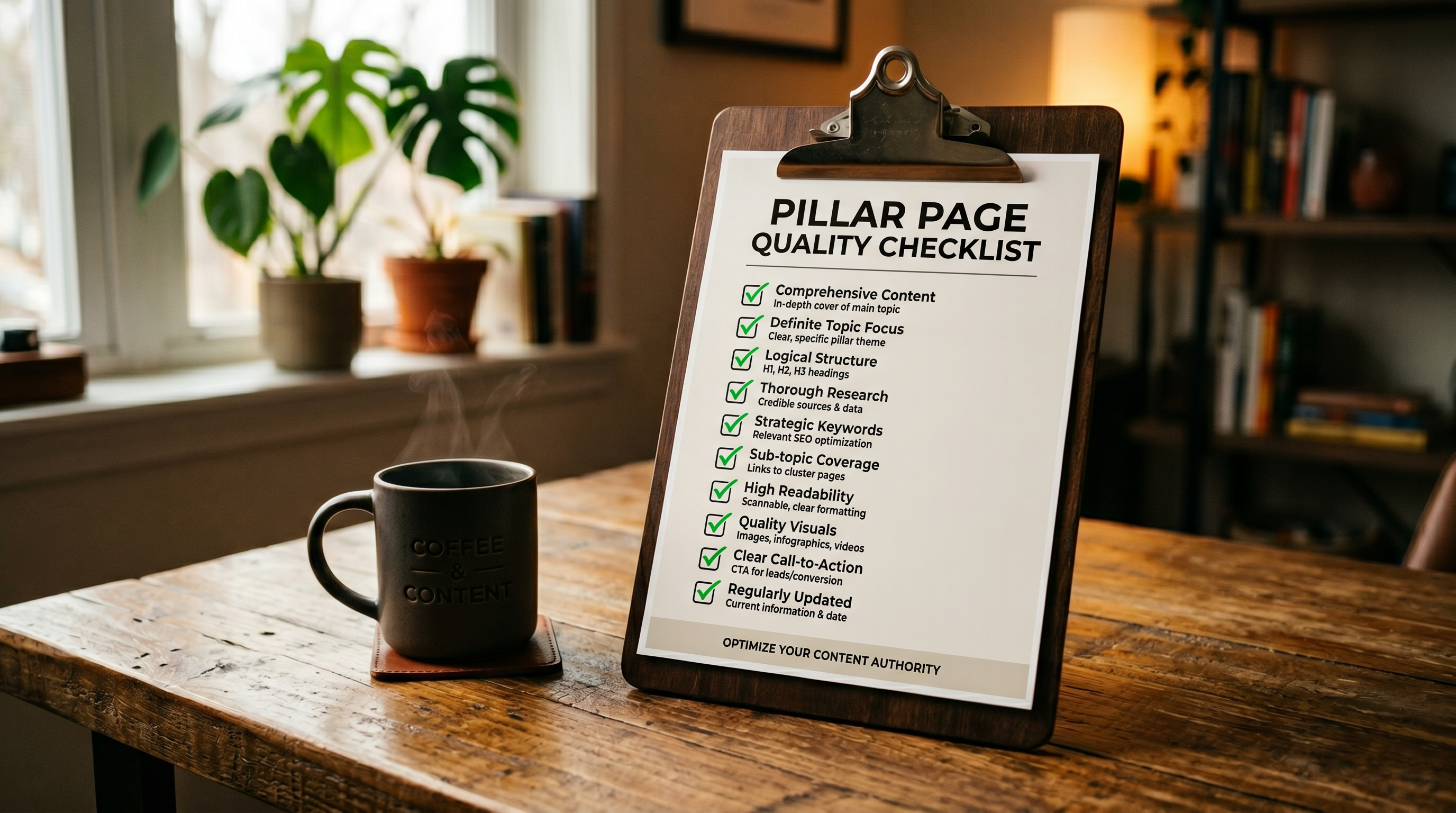 Checklist graphic on a clipboard showing pillar page quality checklist items with green checkmarks,
