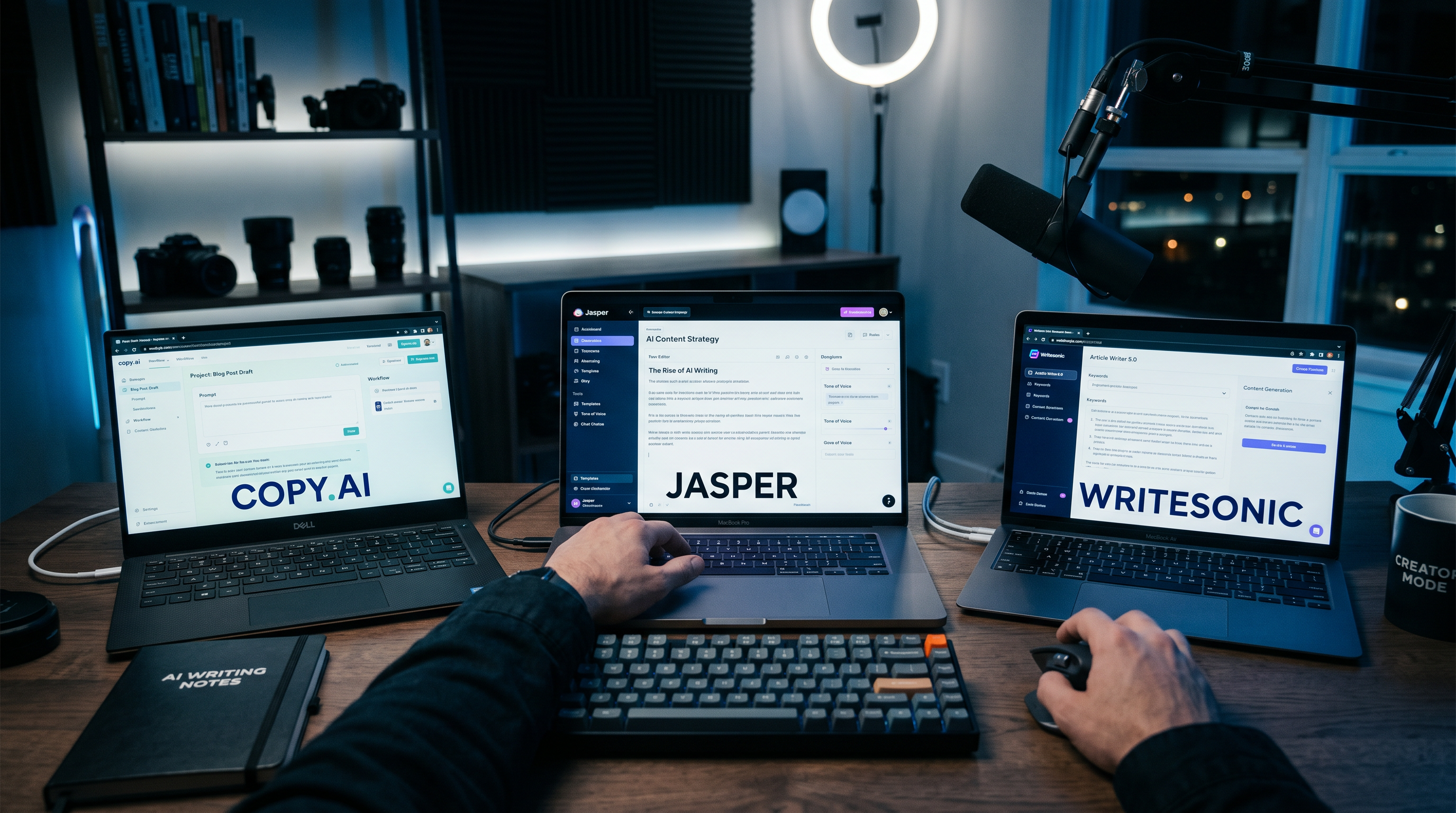 Side-by-side comparison of multiple AI writing tool dashboards on laptop screens, clean modern desk