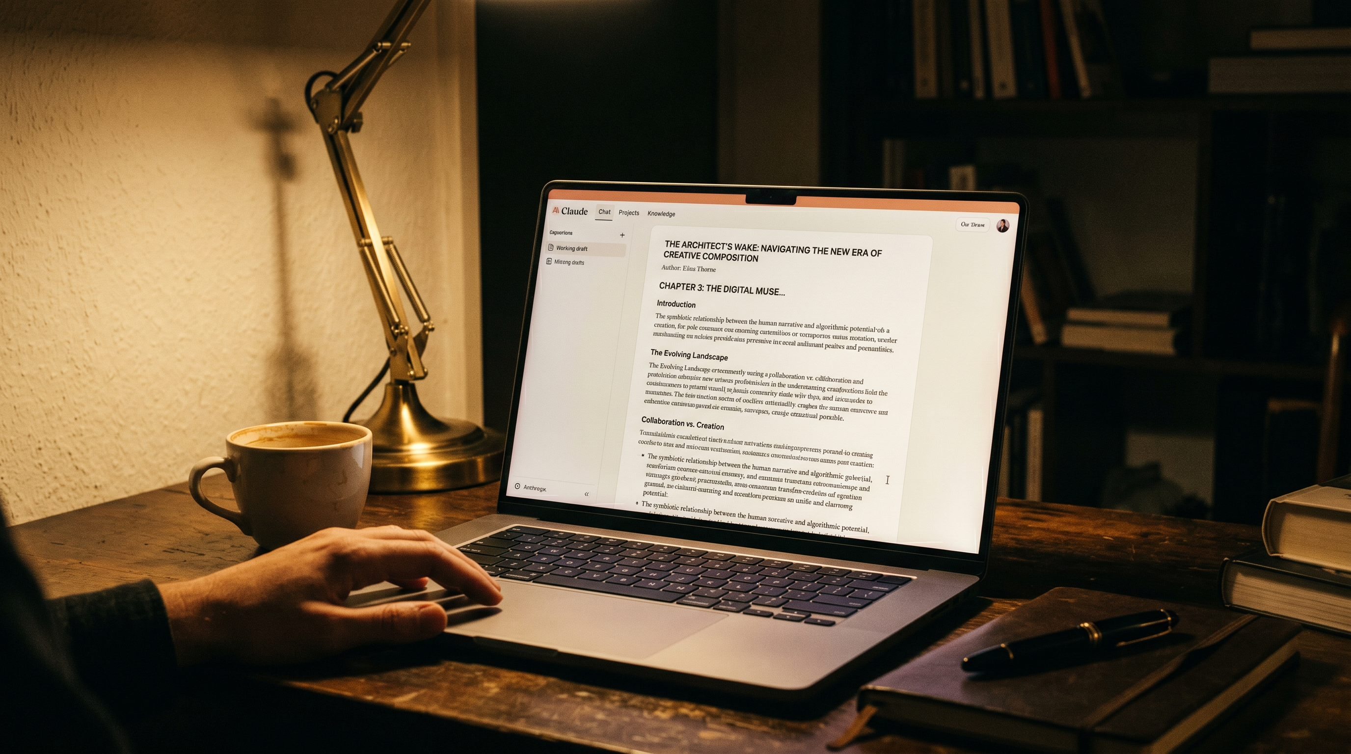 Claude AI interface on a MacBook screen showing a long-form article draft in progress, warm desk lam