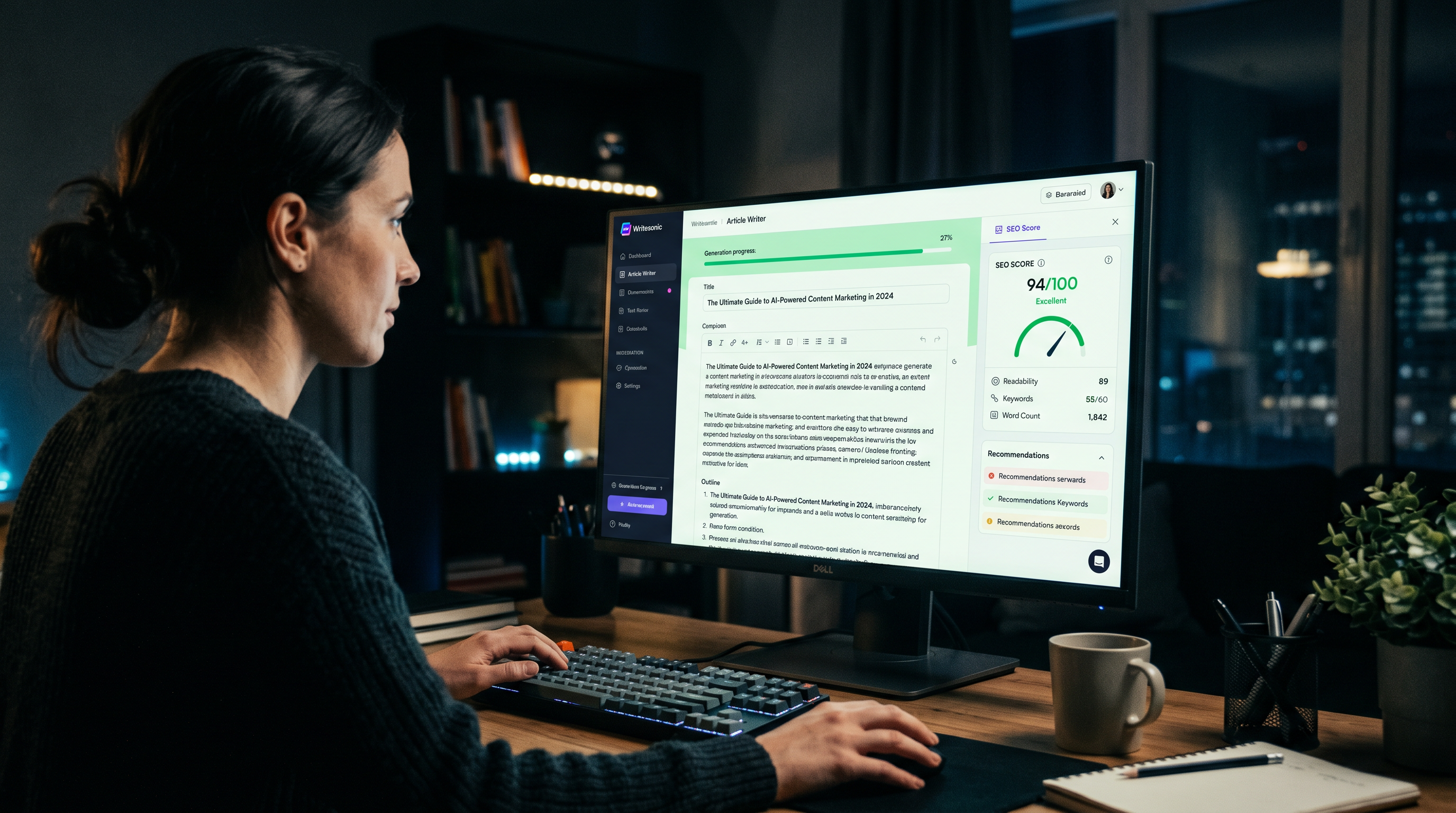 Writesonic Article Writer dashboard on screen showing a long-form blog post being generated with SEO