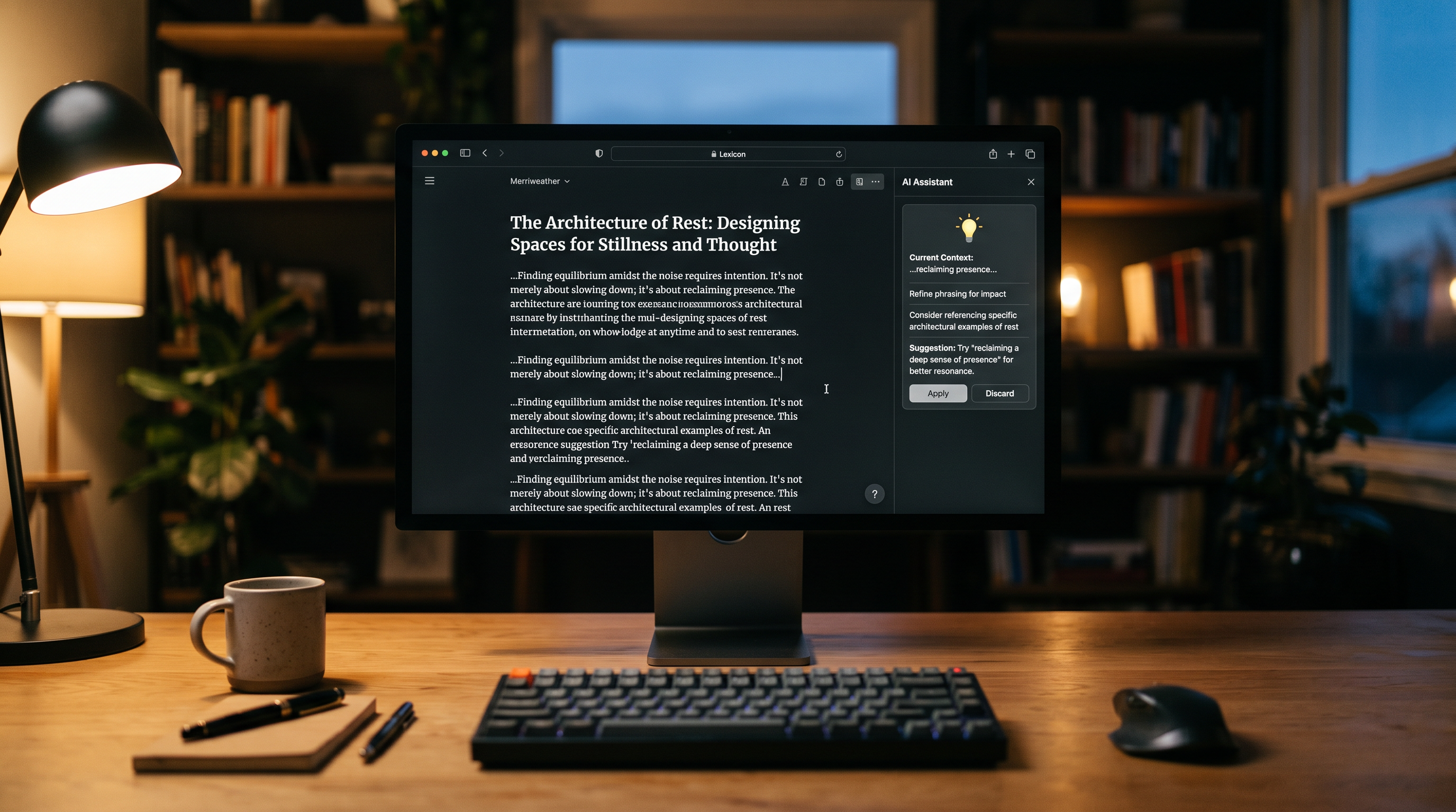 Type writing app open on a minimalist desktop monitor showing a clean long-form article editor with