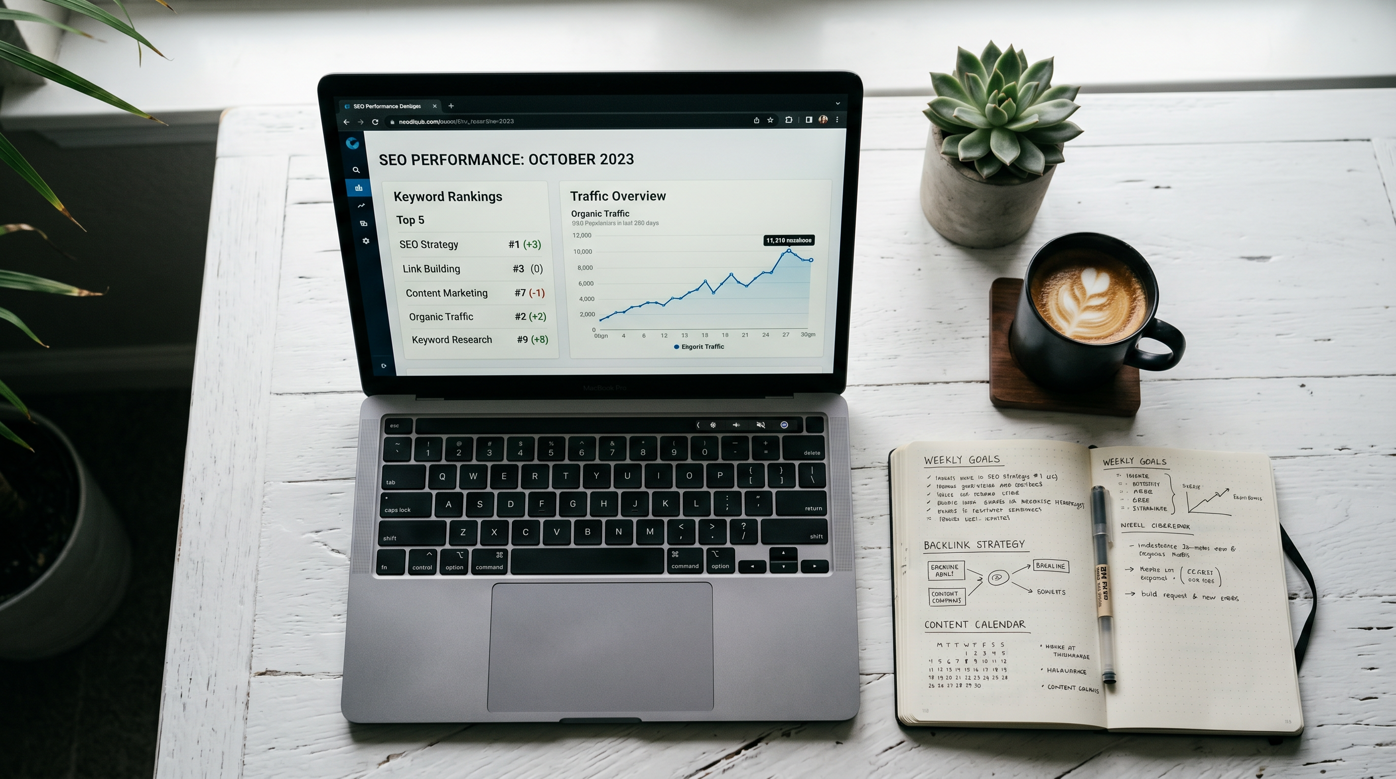 Flat-lay of a laptop showing an SEO dashboard with keyword rankings and traffic graphs, surrounded b