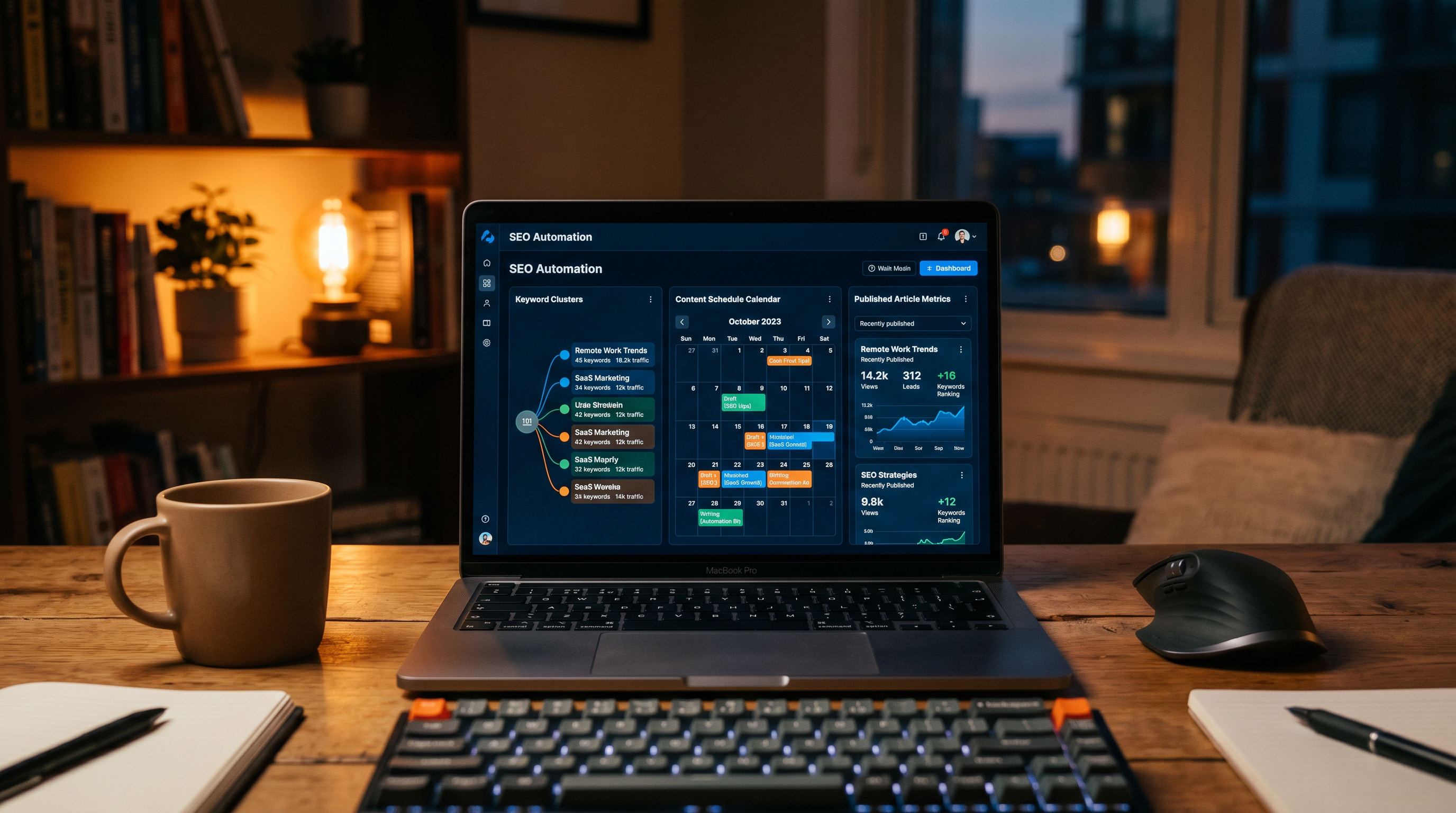 Clean SaaS dashboard on a MacBook screen labeled 'SEO Automation' with keyword clusters, content sch