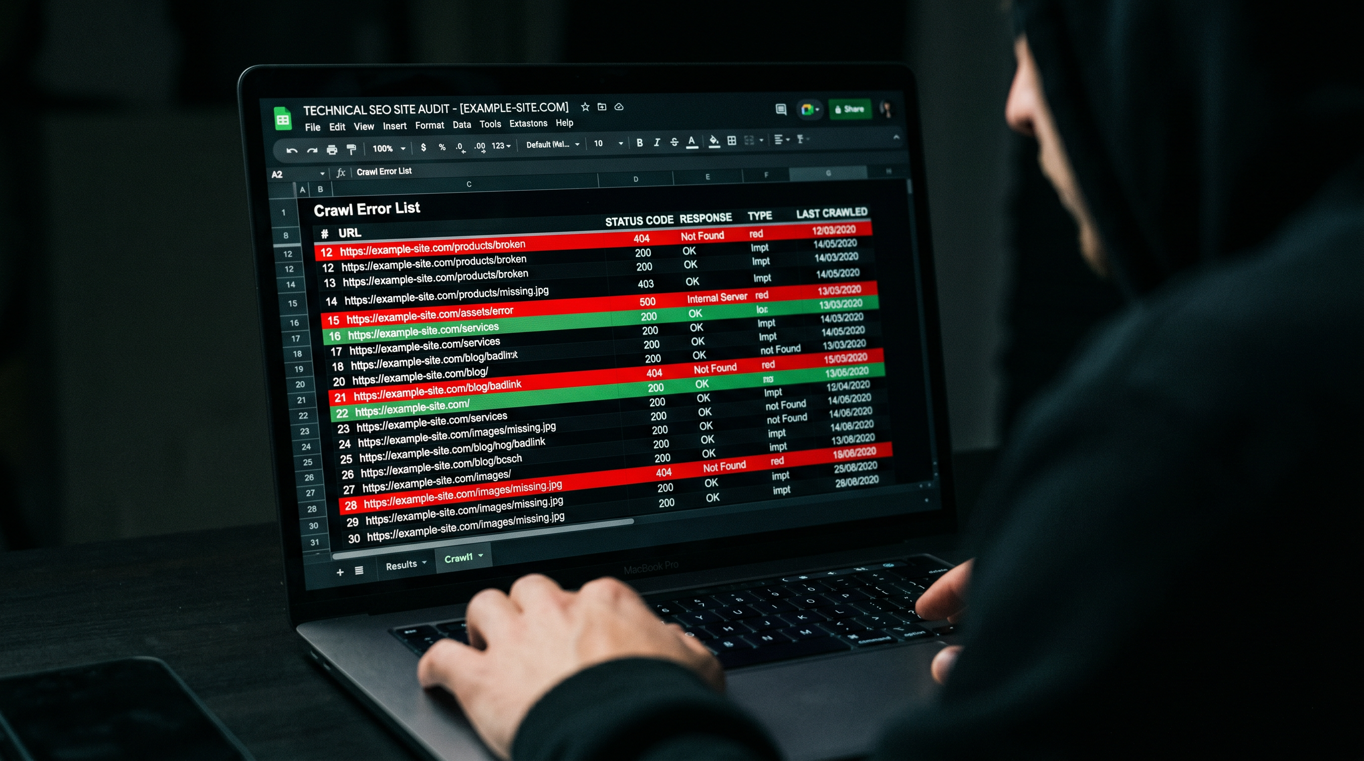 Close-up of a laptop screen showing a technical SEO site audit with crawl error list and response co