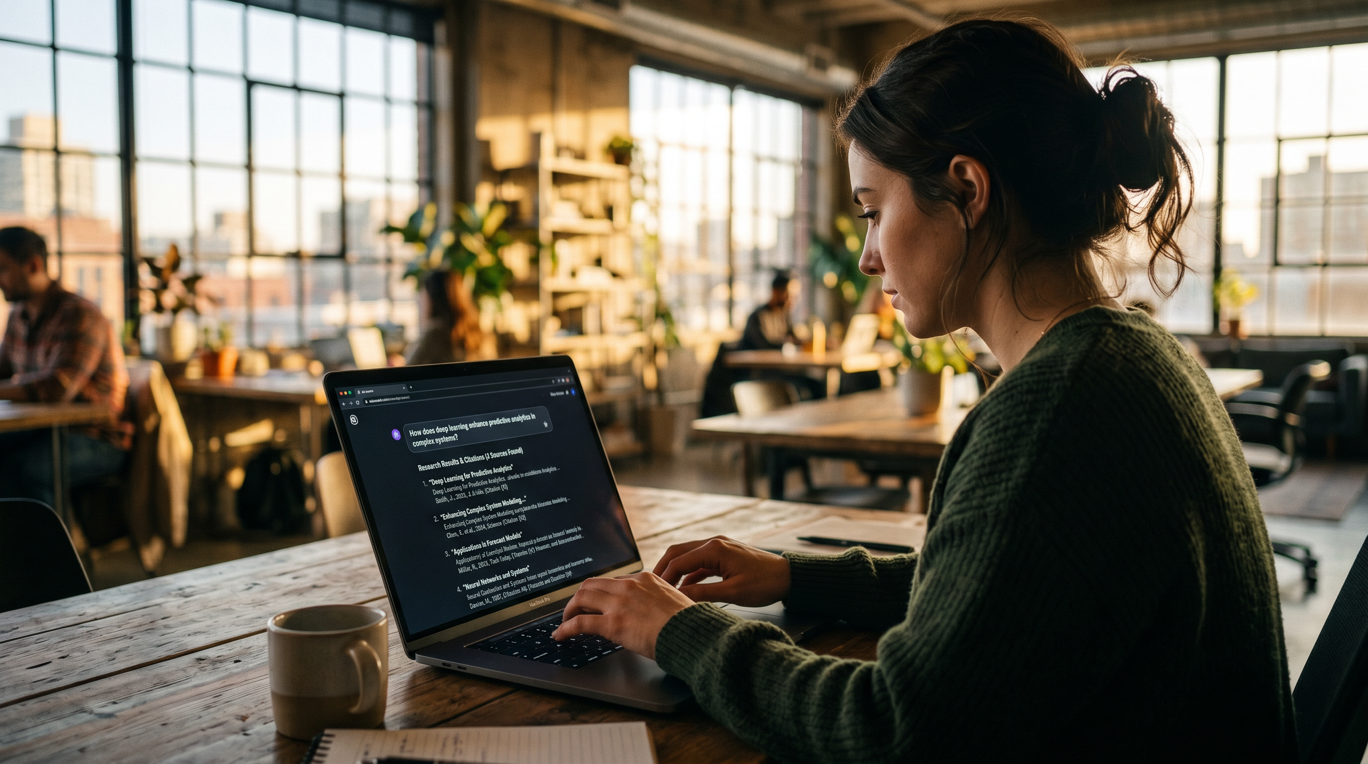 Person typing a research question into an AI search interface on a laptop, sourced results and citat