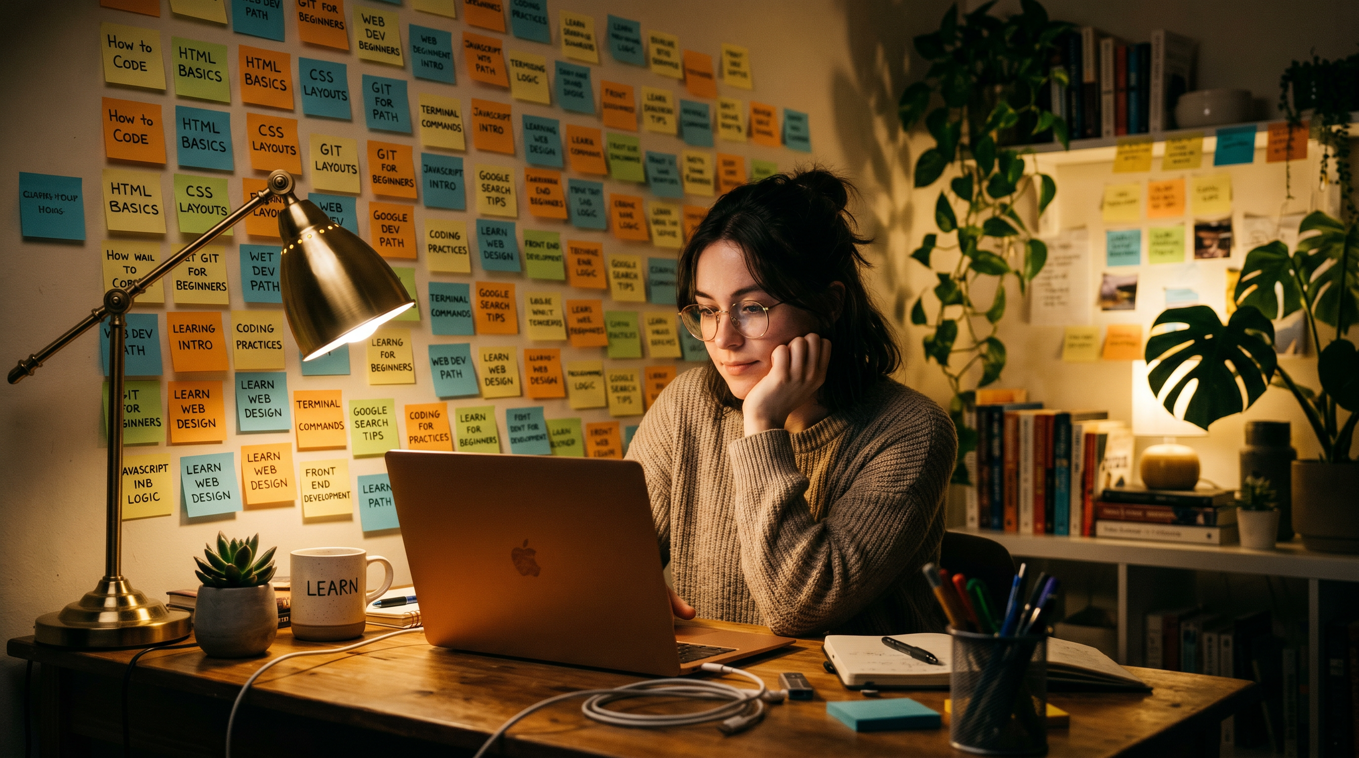 Beginner sitting at a laptop in a cozy home office surrounded by sticky notes with search terms writ