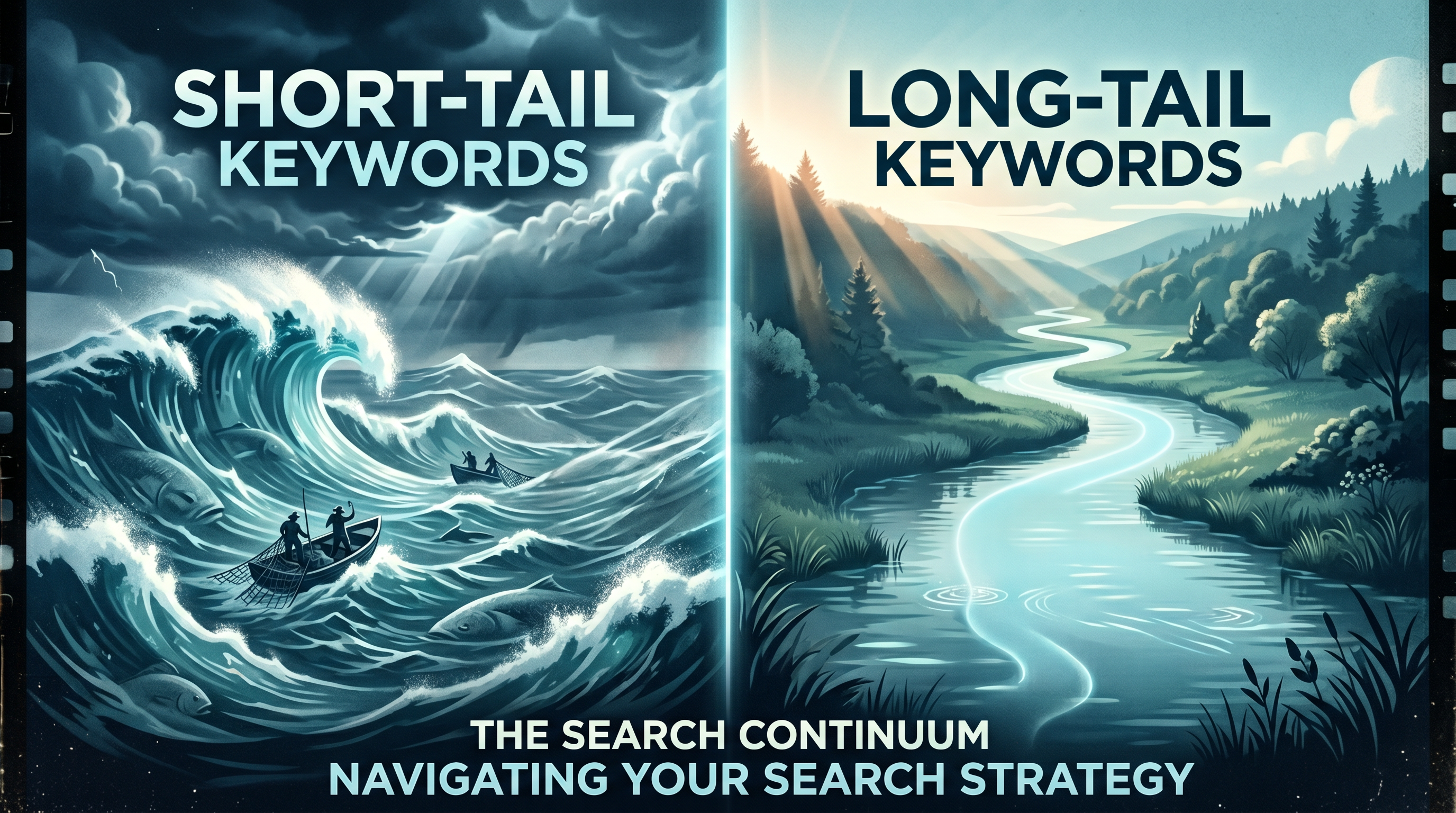 Side-by-side visual comparison of a wide ocean labeled 'Short-Tail Keywords' and a calm narrow river