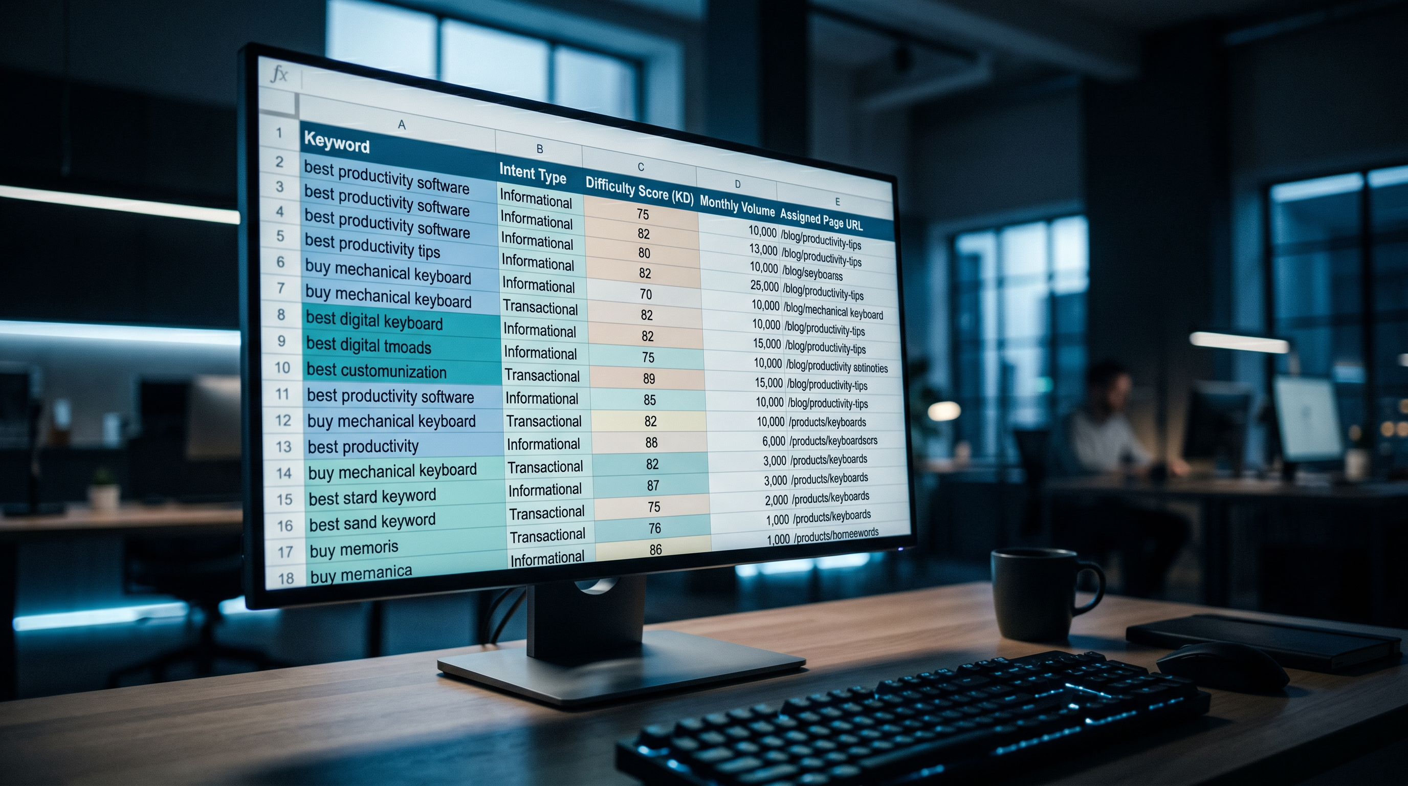 Clean digital keyword mapping spreadsheet displayed on a monitor, color-coded rows showing keyword,