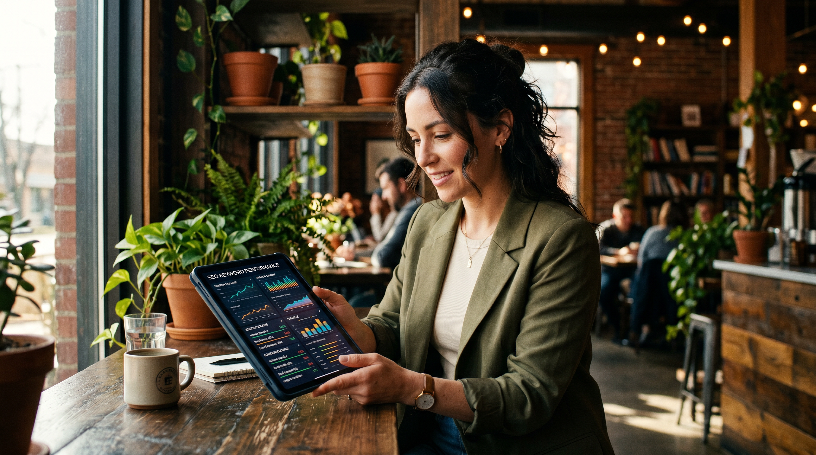 Confident small business owner reviewing SEO keyword data on a tablet at a coffee shop table, natura