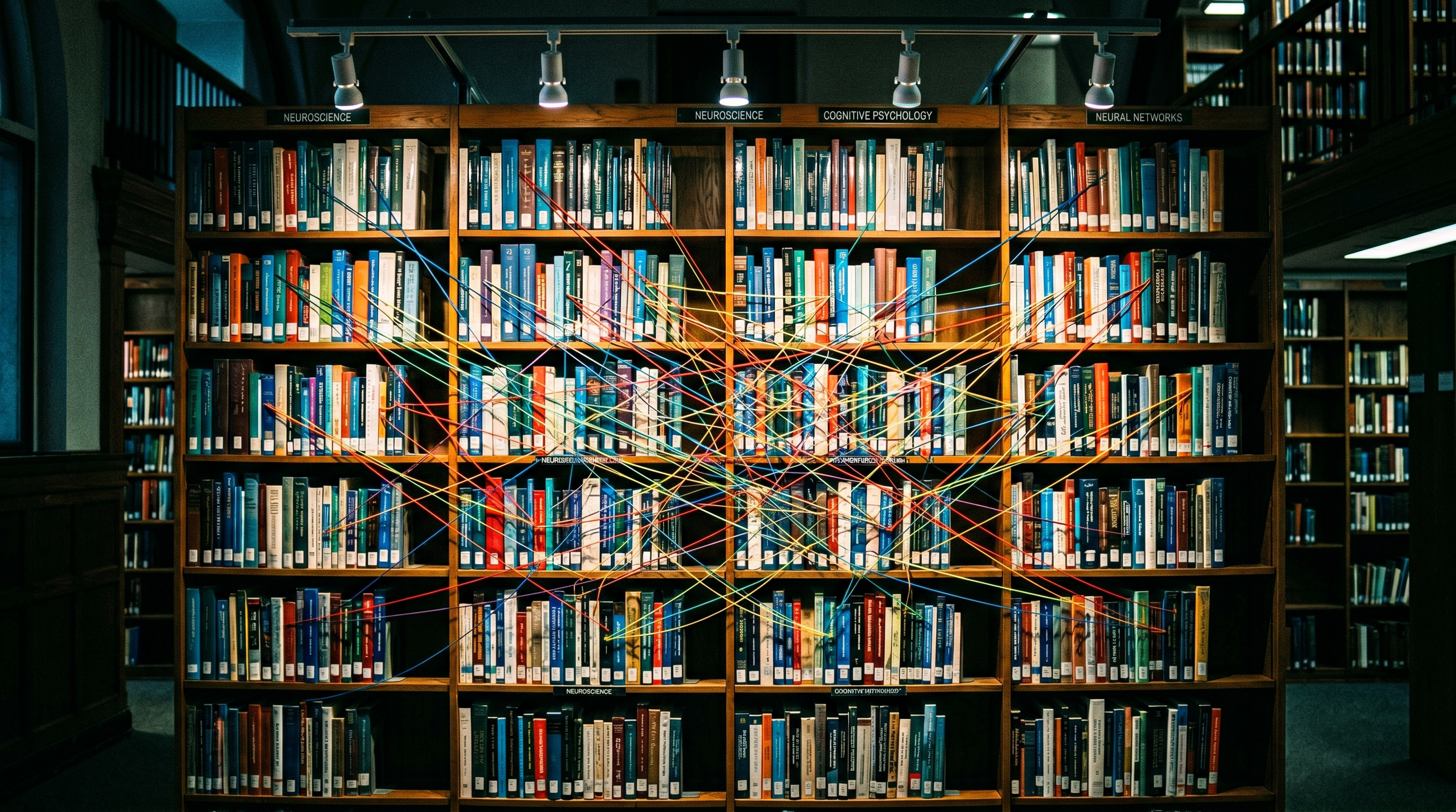A wide library bookshelf filled with organized books on a single subject, each book connected by vis