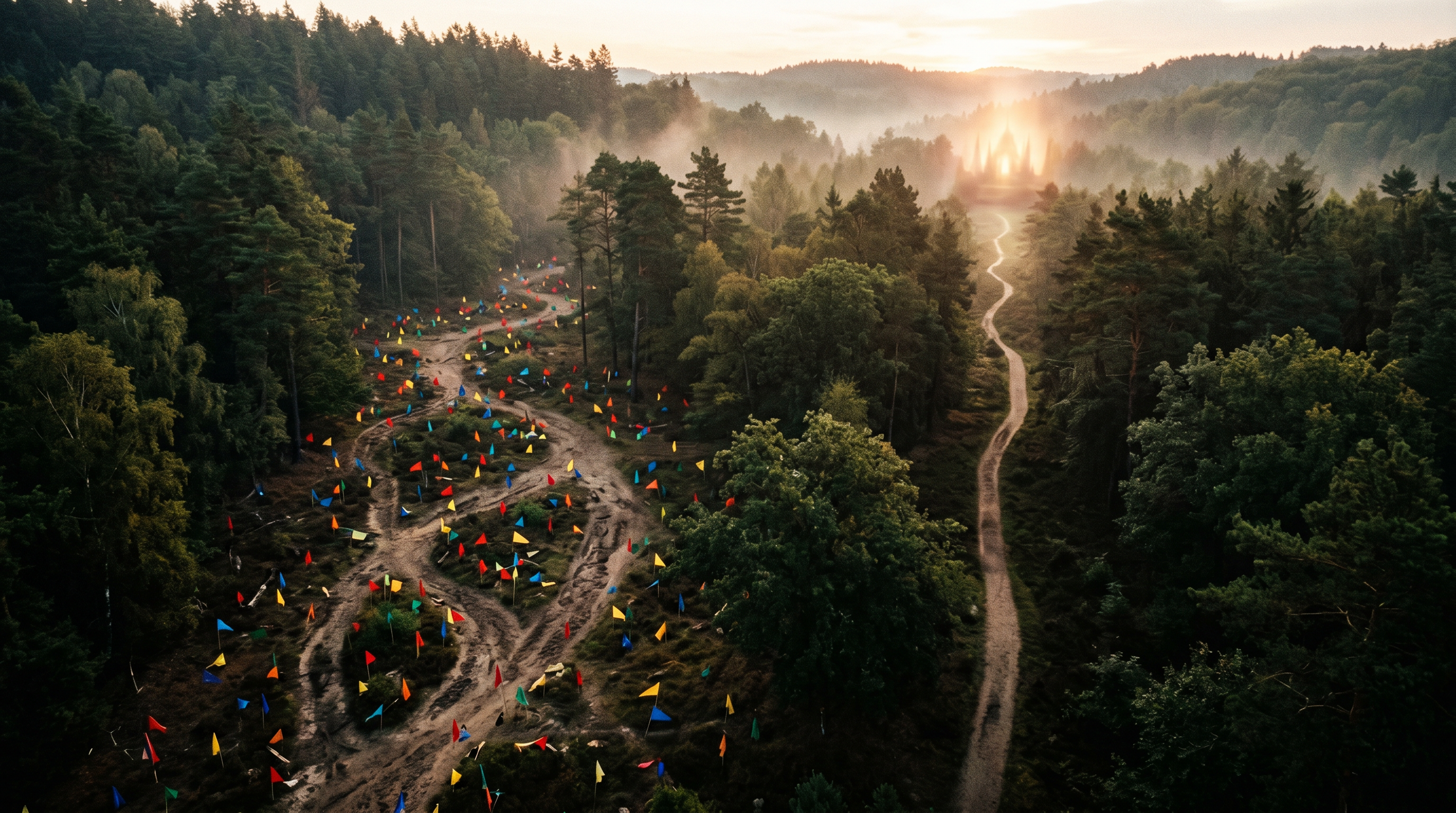 Two paths in a forest clearing, one wide and scattered showing many small flags in different directi