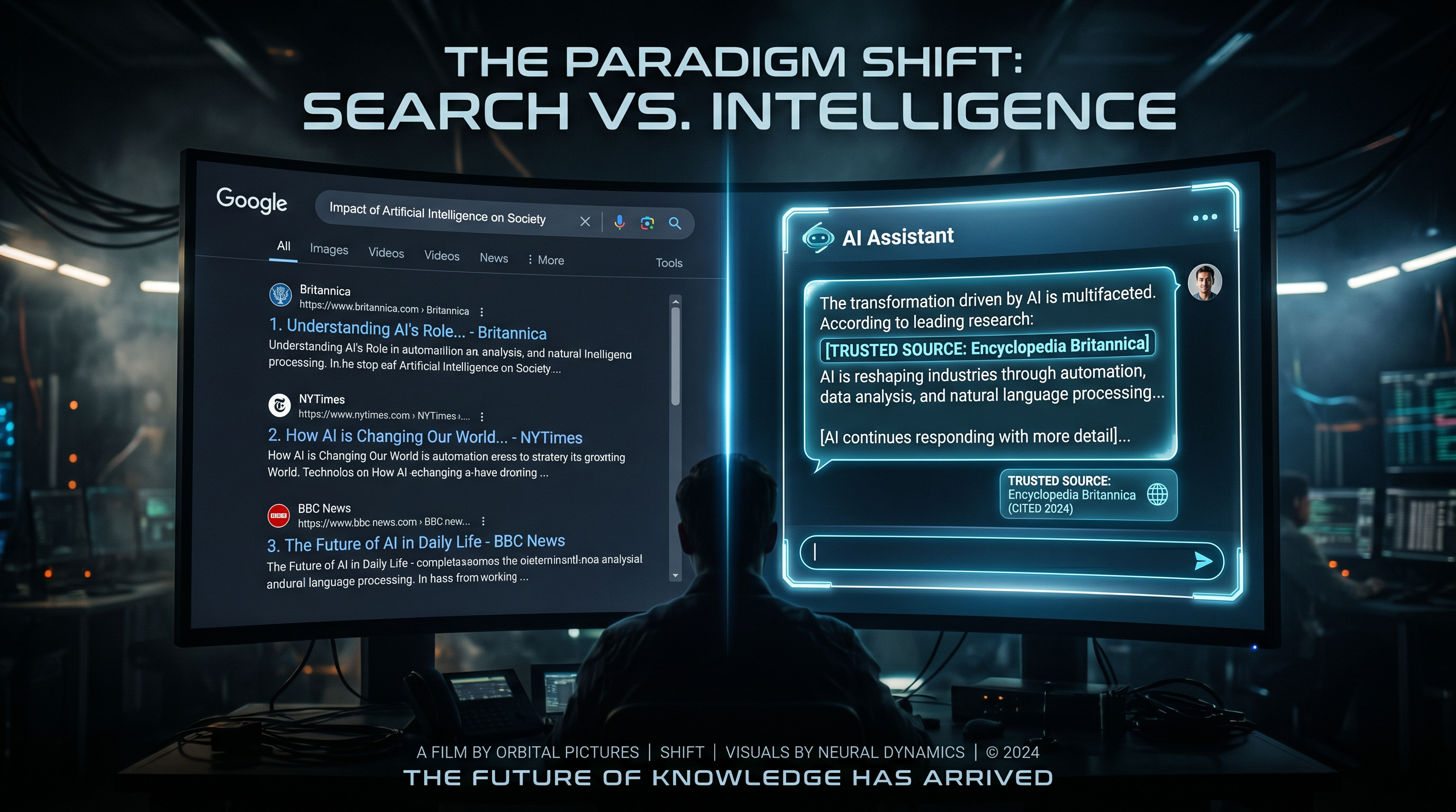 Futuristic split-screen showing traditional Google search results on the left and an AI chatbot citi