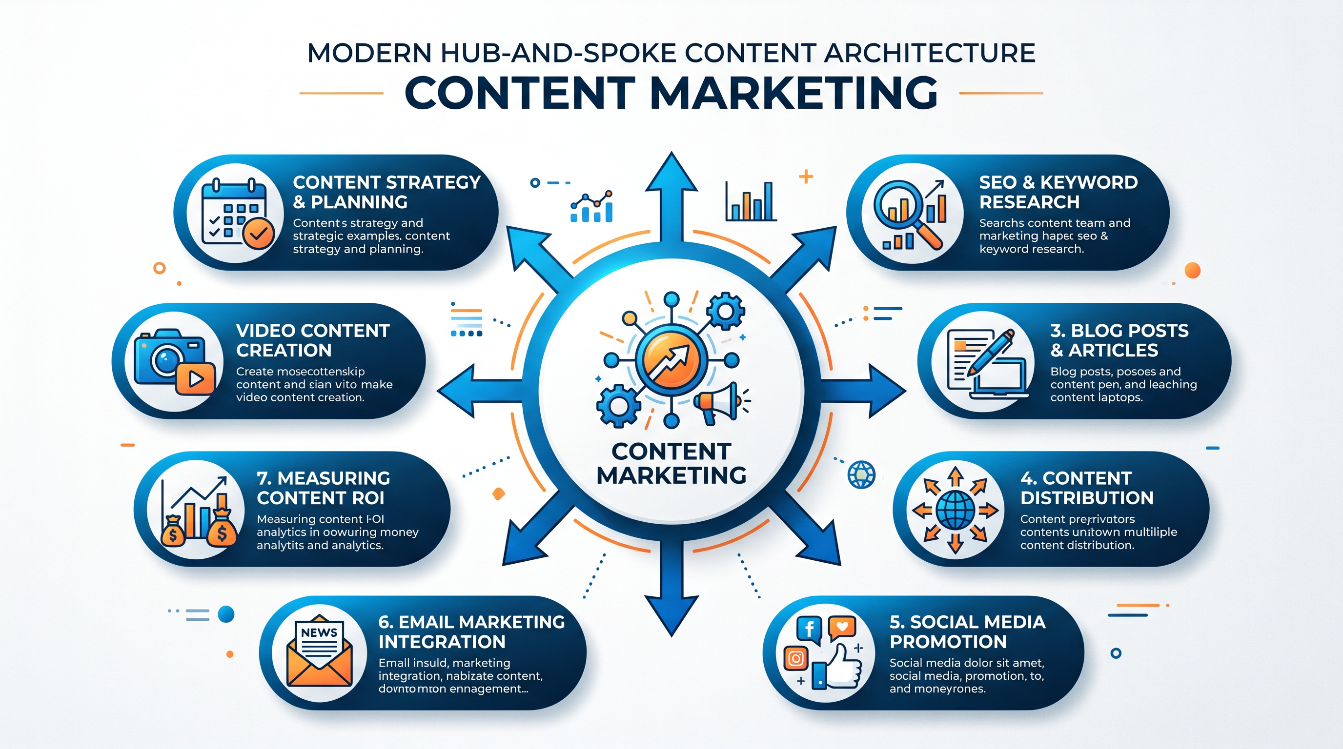 Diagram showing a hub-and-spoke content architecture with a central pillar page labeled 'Content Mar