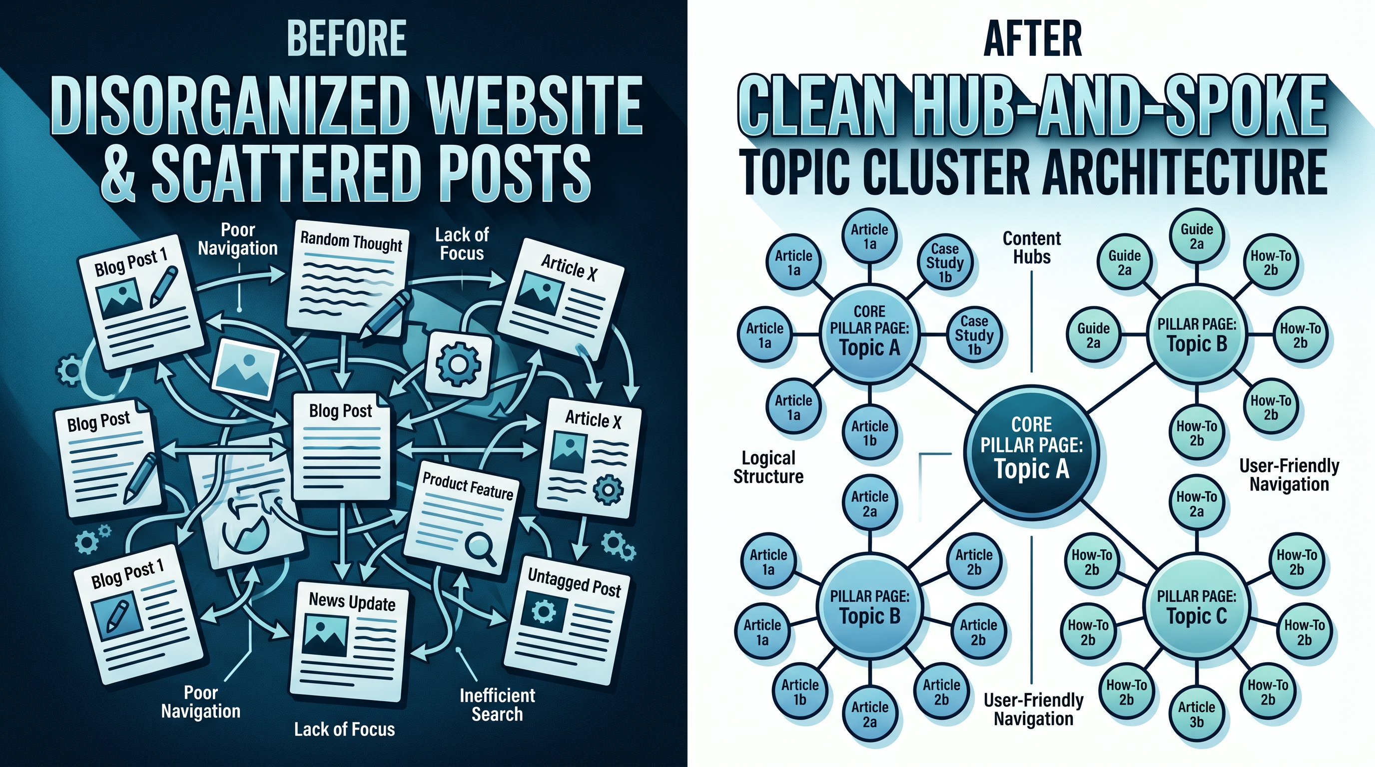 Side-by-side comparison showing a disorganized website with scattered blog posts on the left versus
