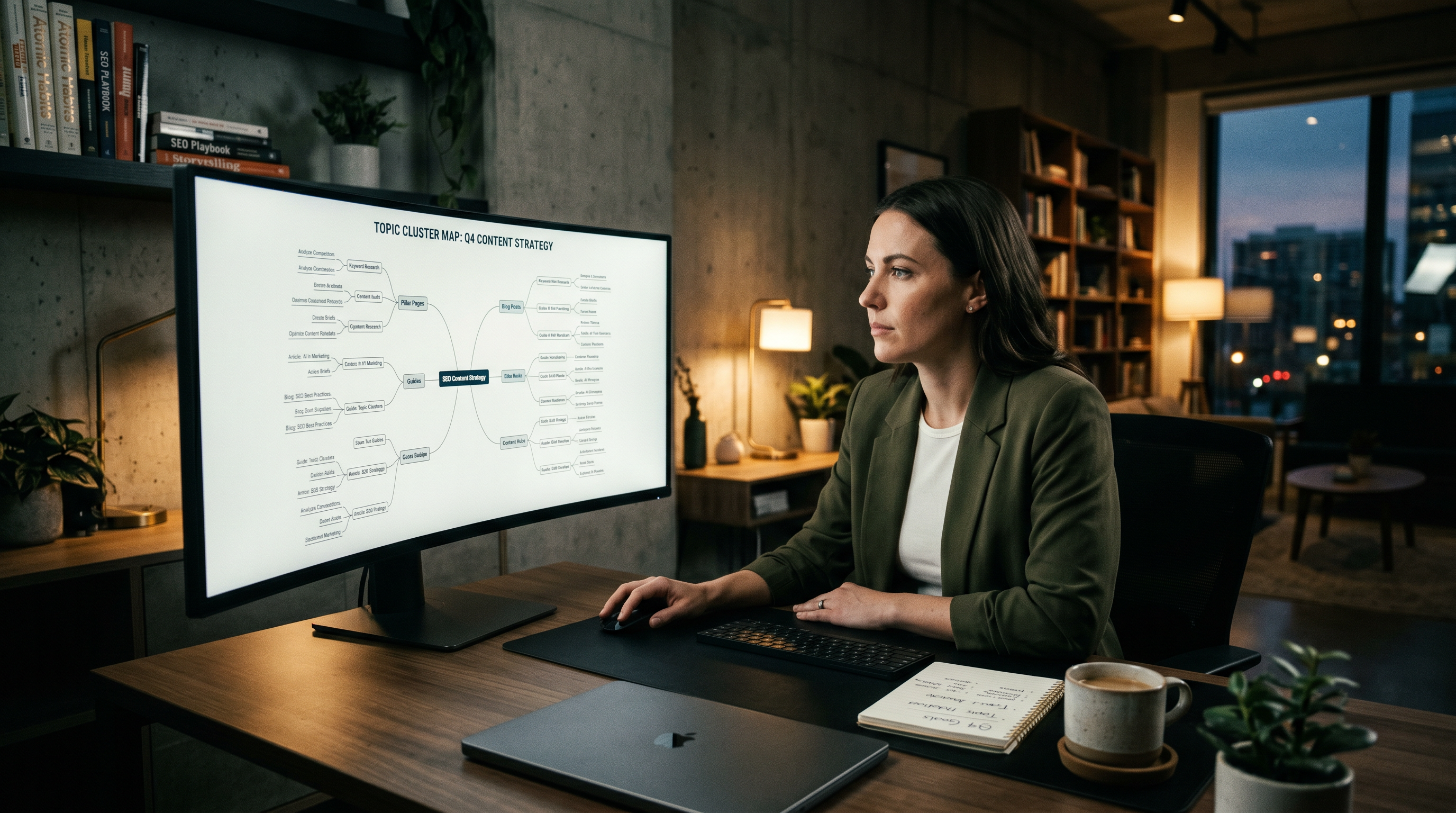 A content marketer sitting at a clean desk reviewing a large topic cluster map on a monitor with con