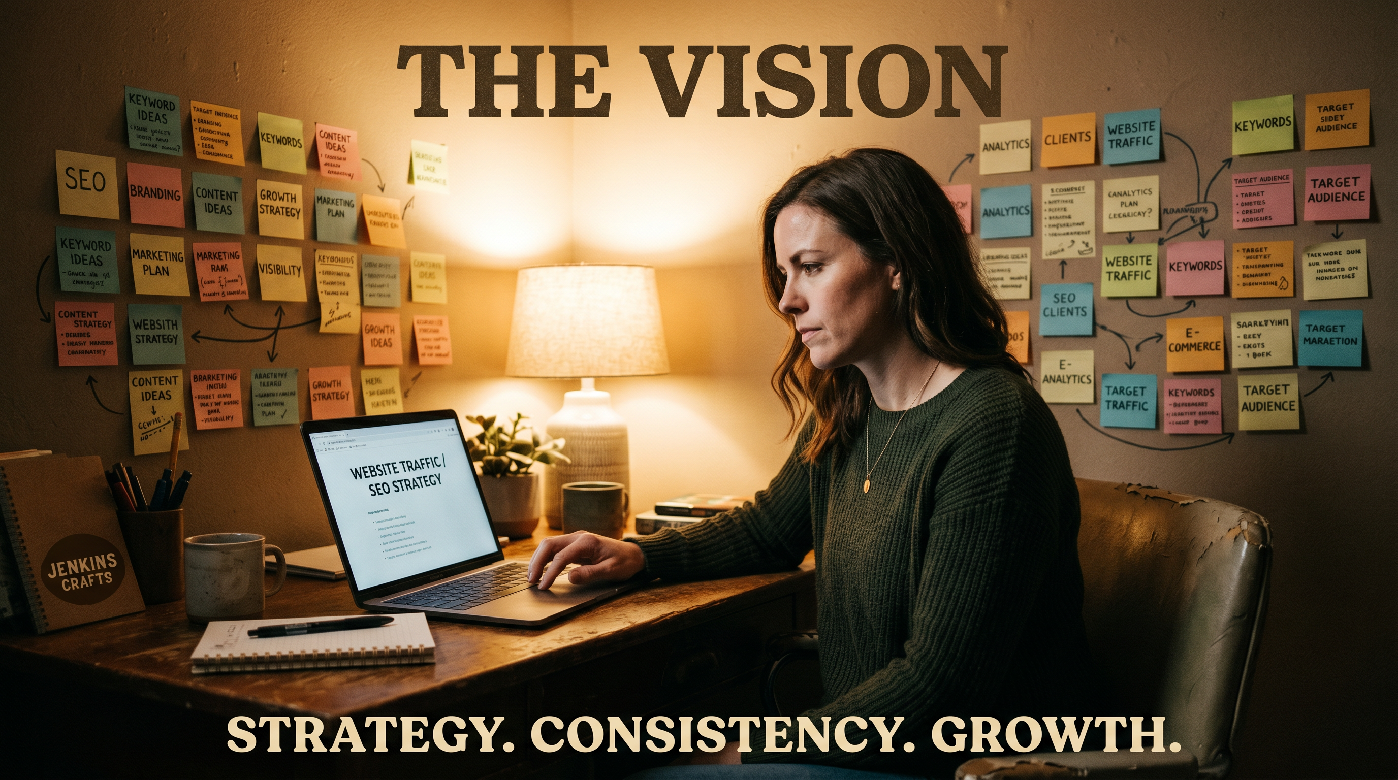 Small business owner sitting at a wooden desk with a laptop open, sticky notes on the wall showing k