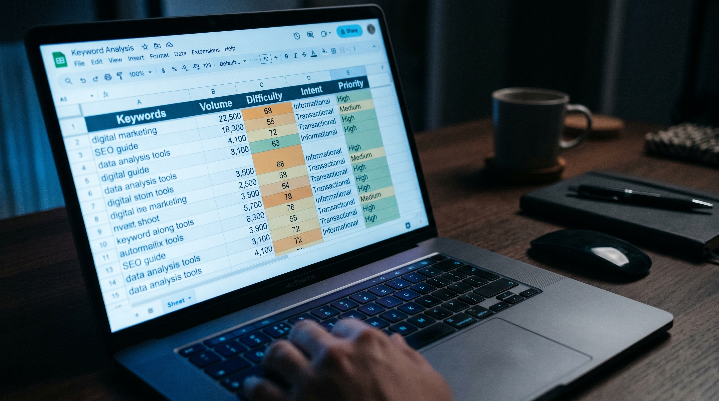 Close-up of a spreadsheet on a laptop screen showing keyword columns labeled Volume, Difficulty, Int