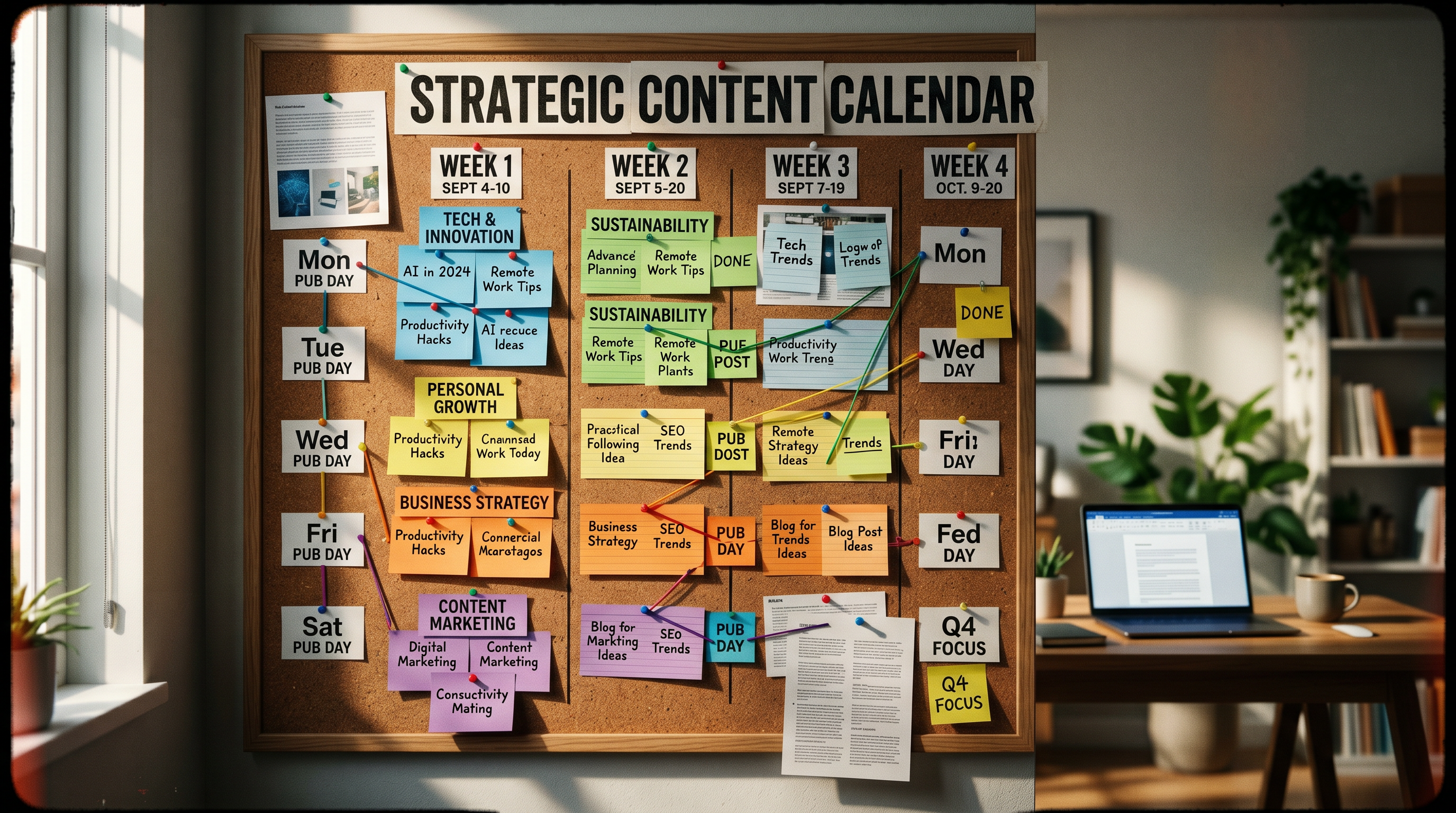 Organized content calendar pinned to a corkboard with color-coded keyword clusters mapped to weekly