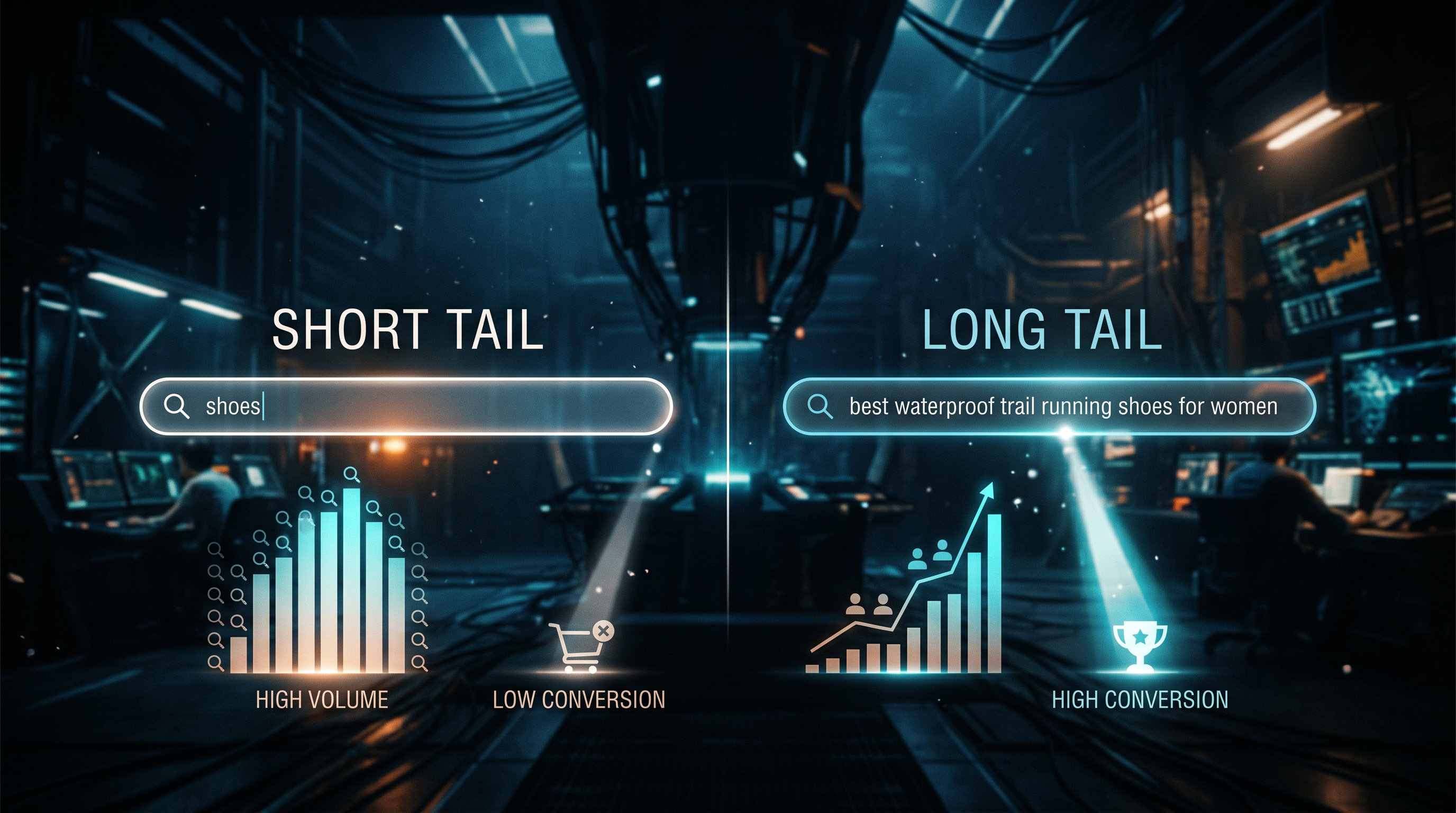 Split-screen infographic concept showing two search bars side by side on a dark blue background, lef