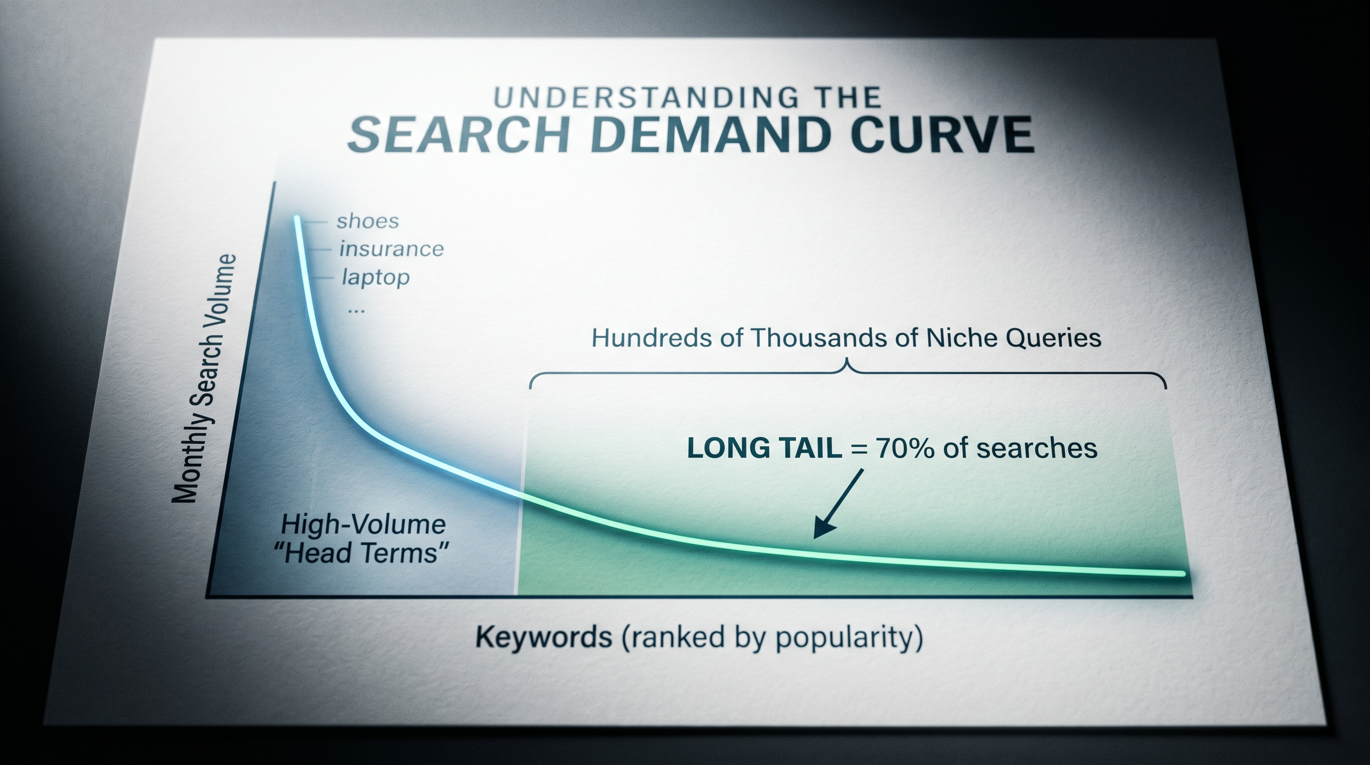 A search demand curve graph visualization on a white background showing a steep drop-off from high-v