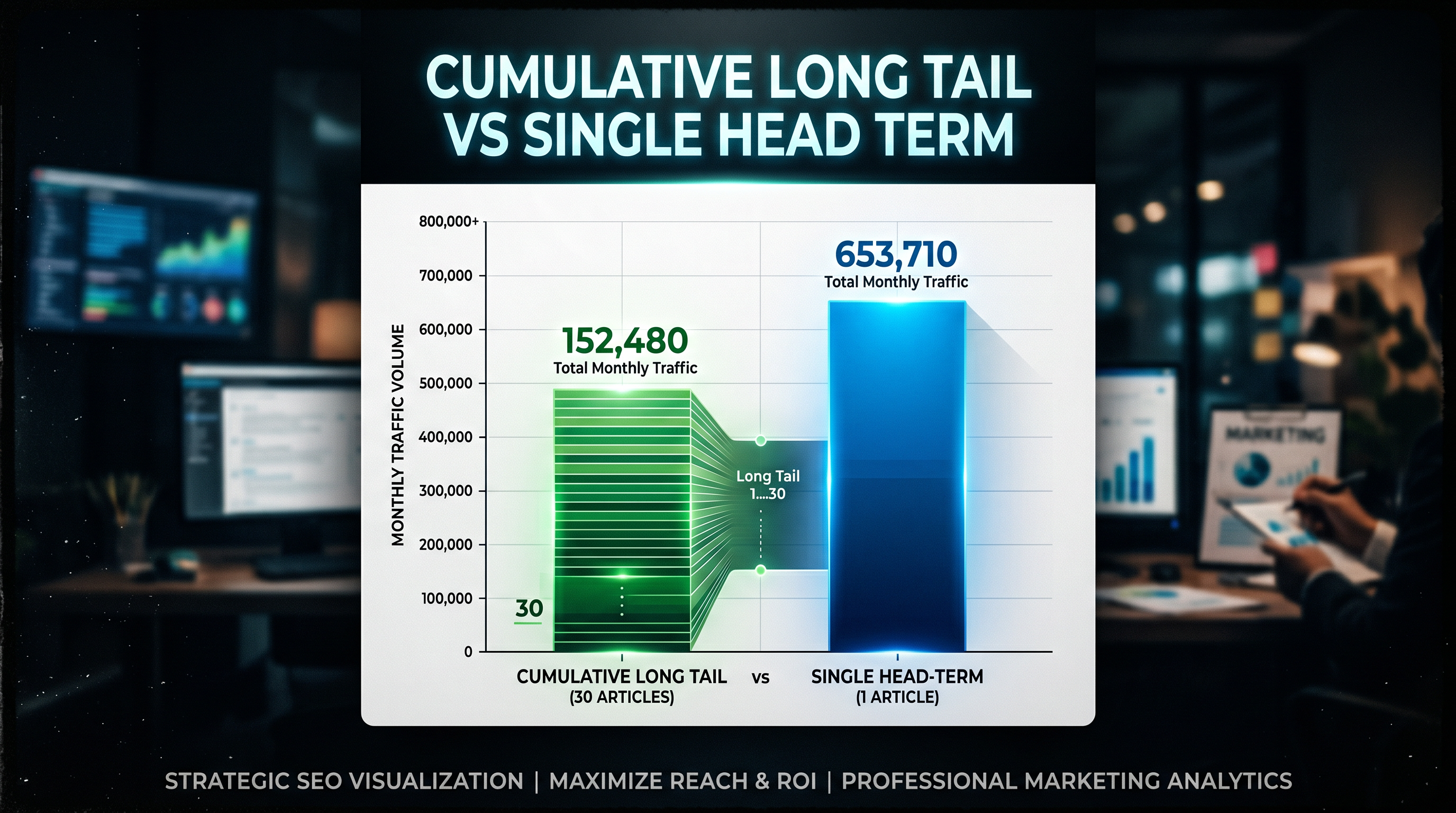 Bar chart visualization showing cumulative traffic from 30 long-tail keyword articles stacked togeth