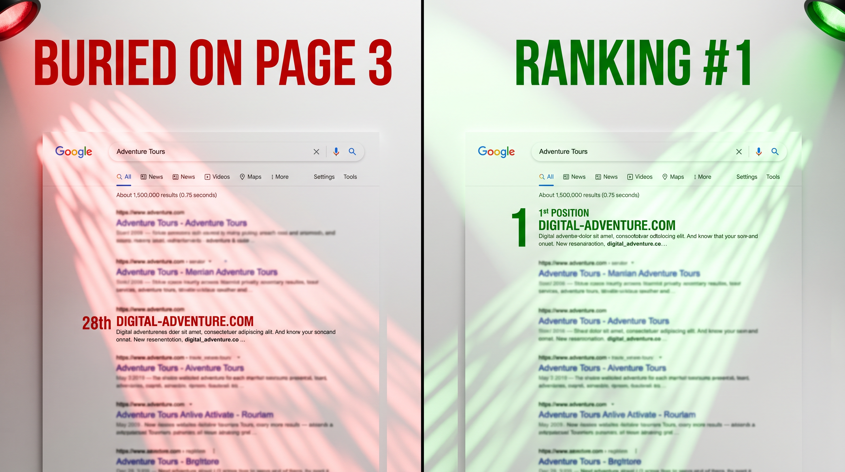 Split-screen comparison showing a website buried on page 3 of Google search results on the left and 
