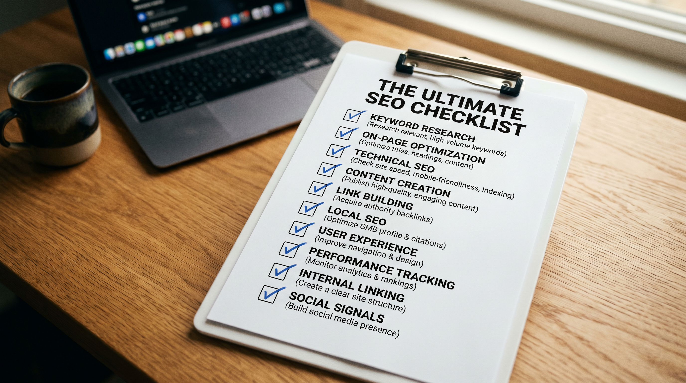 Numbered SEO checklist on a clean white clipboard with a checkmark graphic, placed on a modern woode
