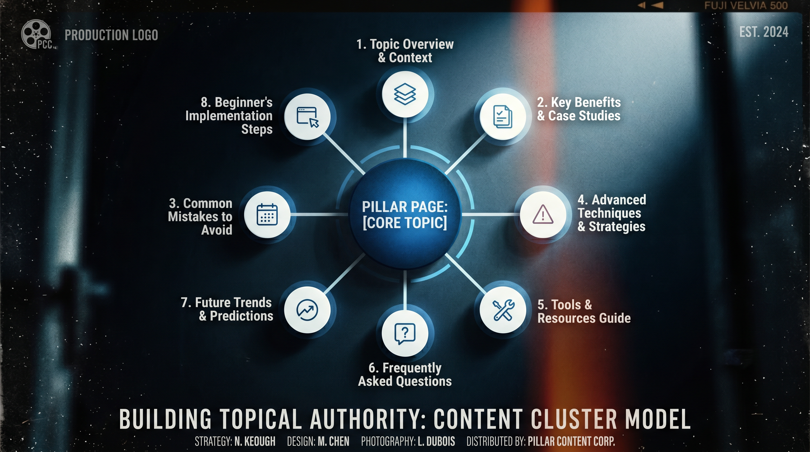 Visual diagram showing a hub-and-spoke topical authority content cluster with a central 'Pillar Page