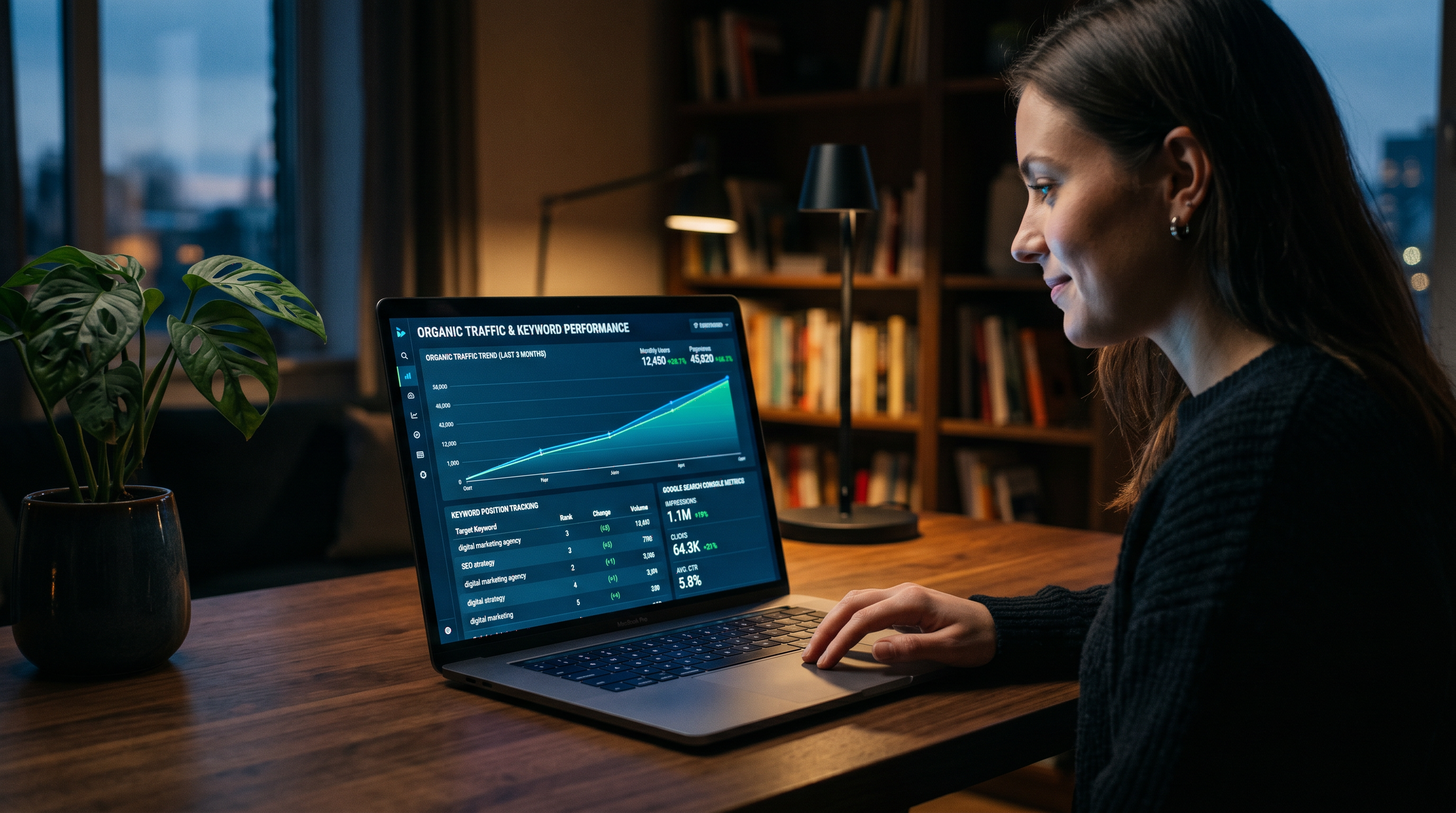 Clean analytics dashboard on a laptop screen showing rising organic traffic graph, keyword position 
