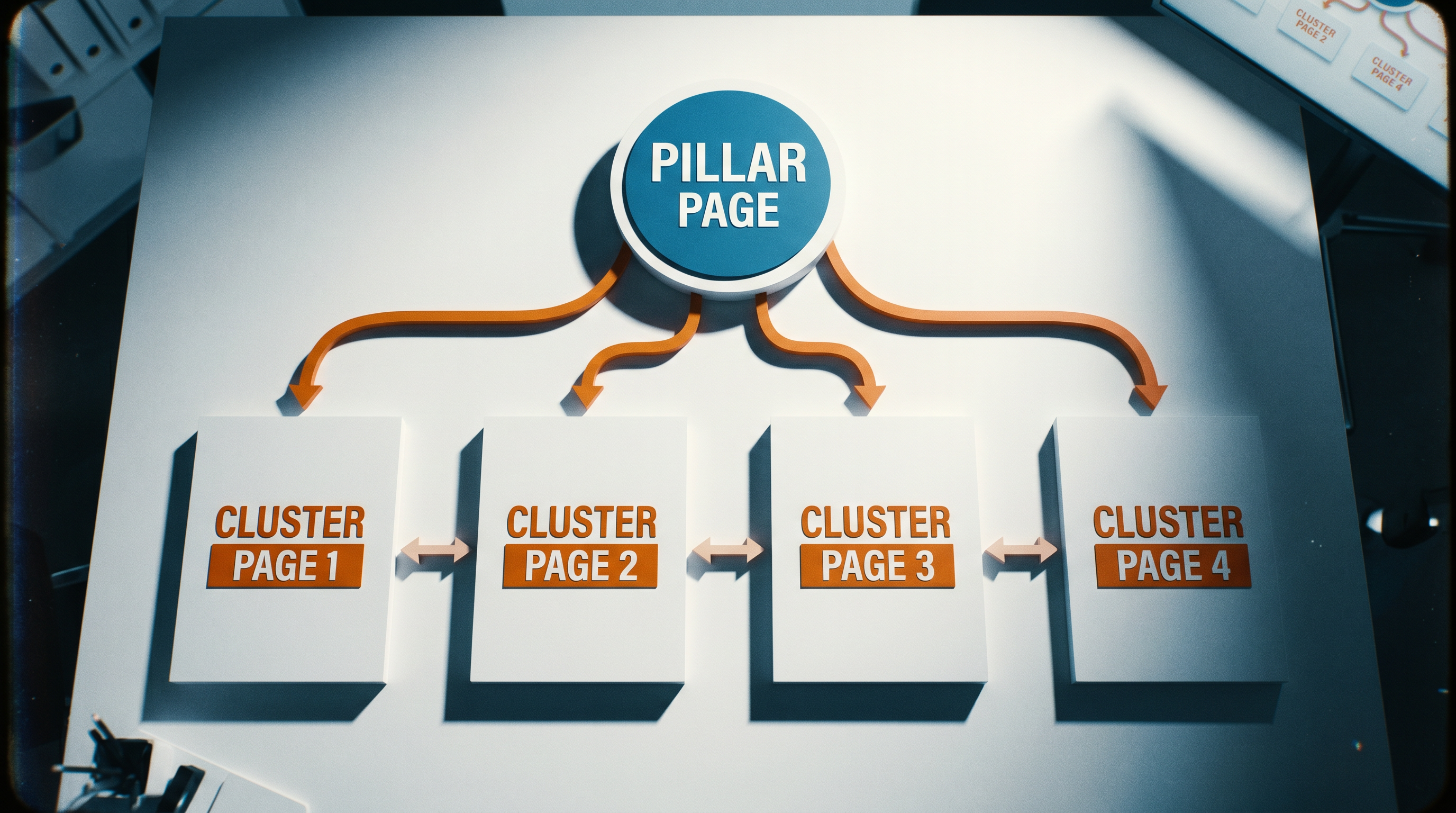Bird's-eye diagram of a website architecture showing a pillar page at top connecting to multiple clu