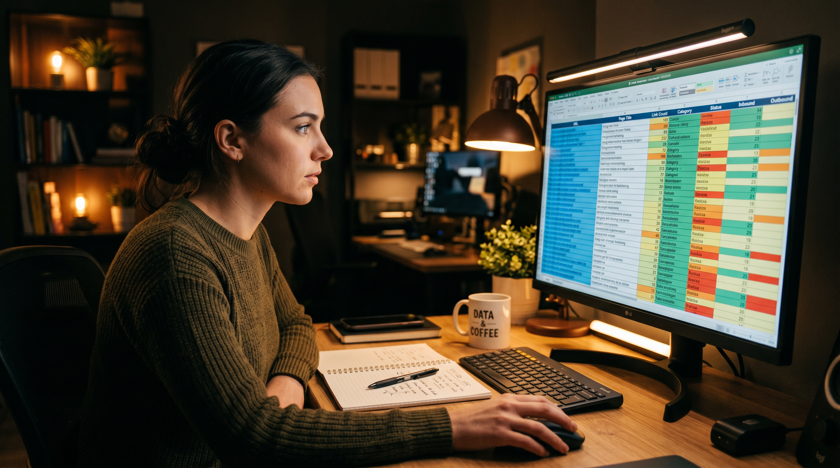Person at desk reviewing a large color-coded spreadsheet on a monitor showing URL columns and link c
