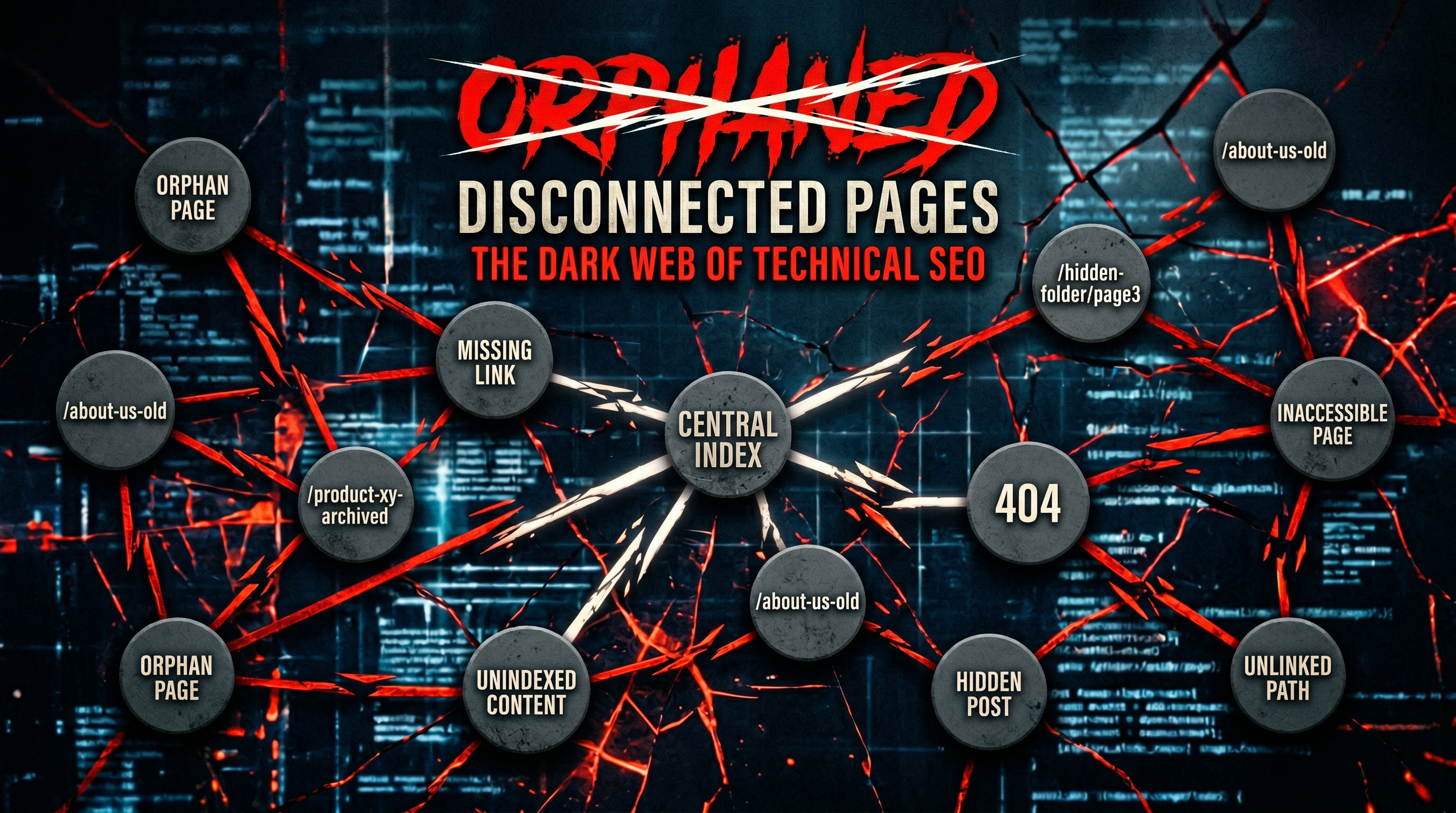 A cracked web diagram showing disconnected nodes representing orphan web pages, dark background with