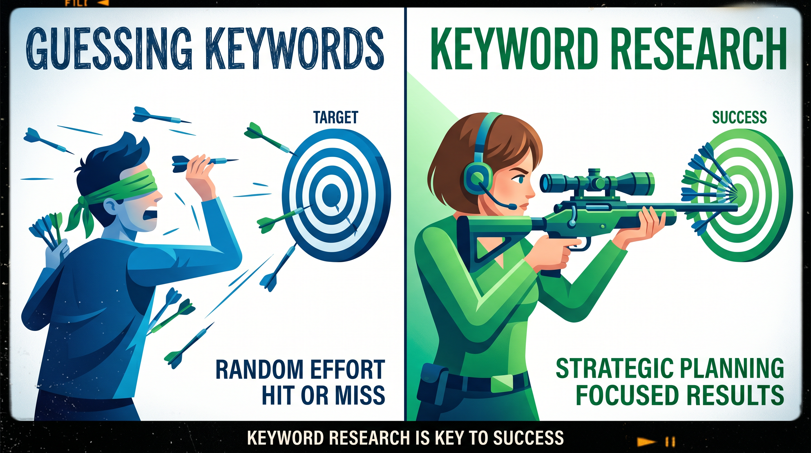 Split-screen illustration showing a person blindly throwing darts at a target versus another person