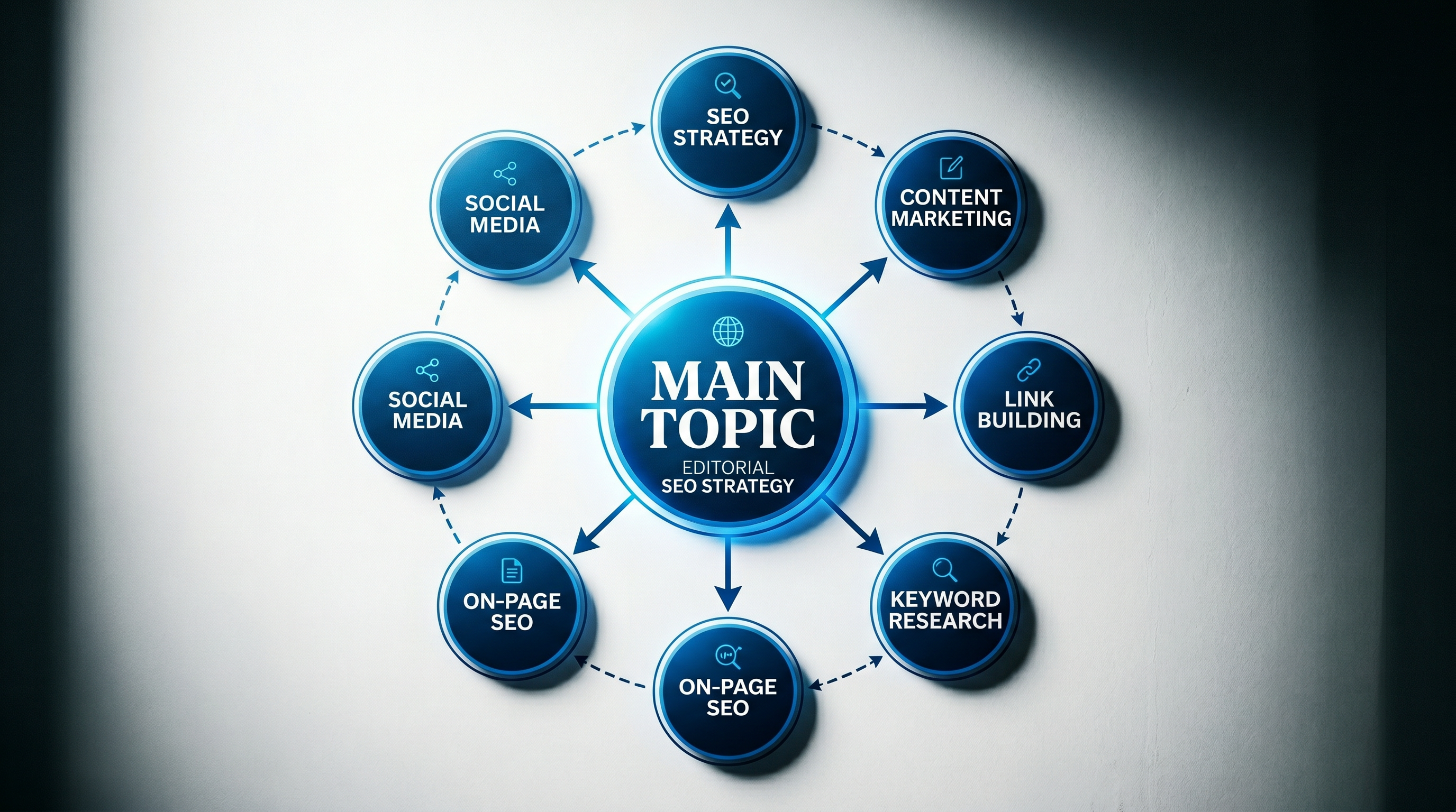 A topic cluster diagram showing a central pillar page labeled 'Main Topic' connected by arrows to si