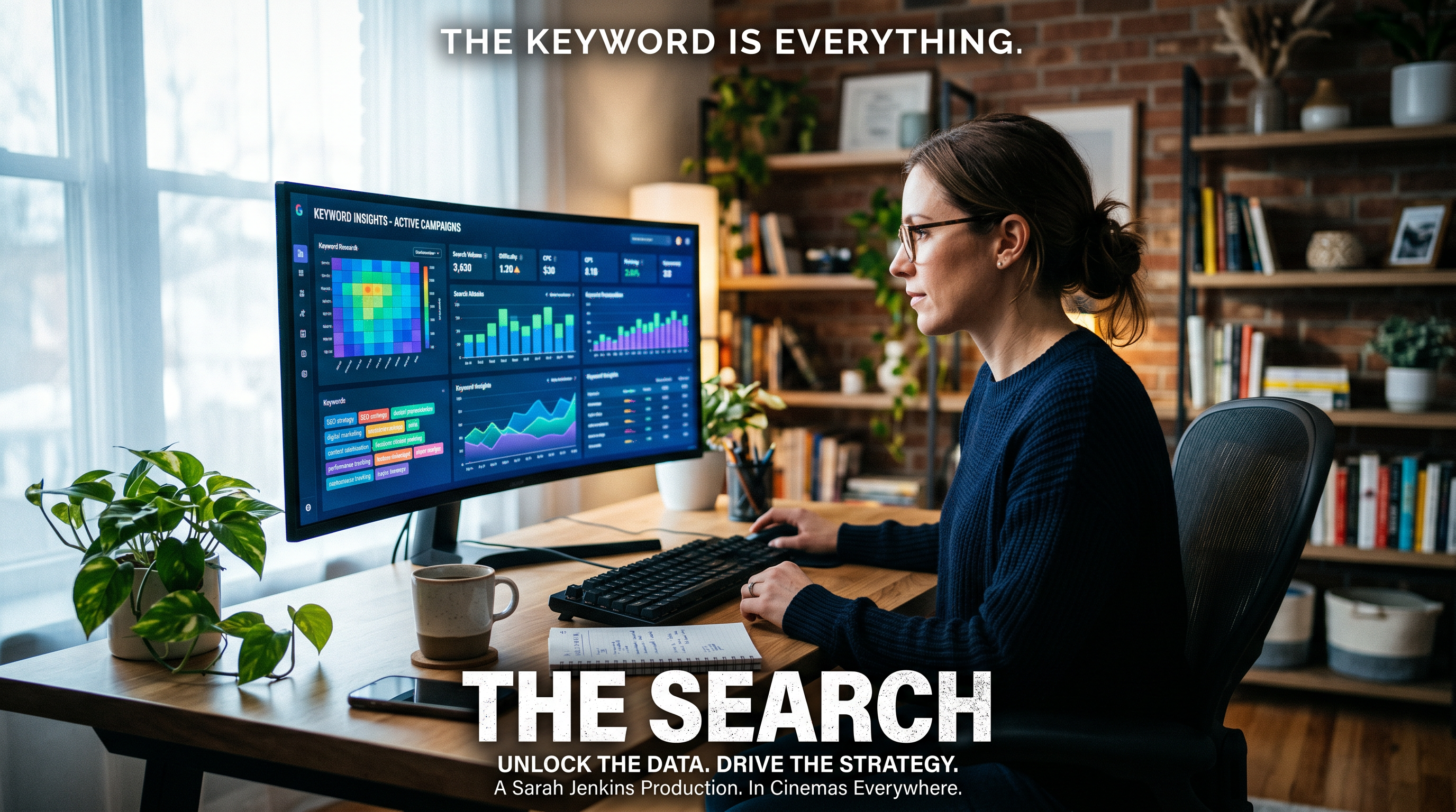Person sitting at a modern desk analyzing a colorful keyword research dashboard on a large monitor,