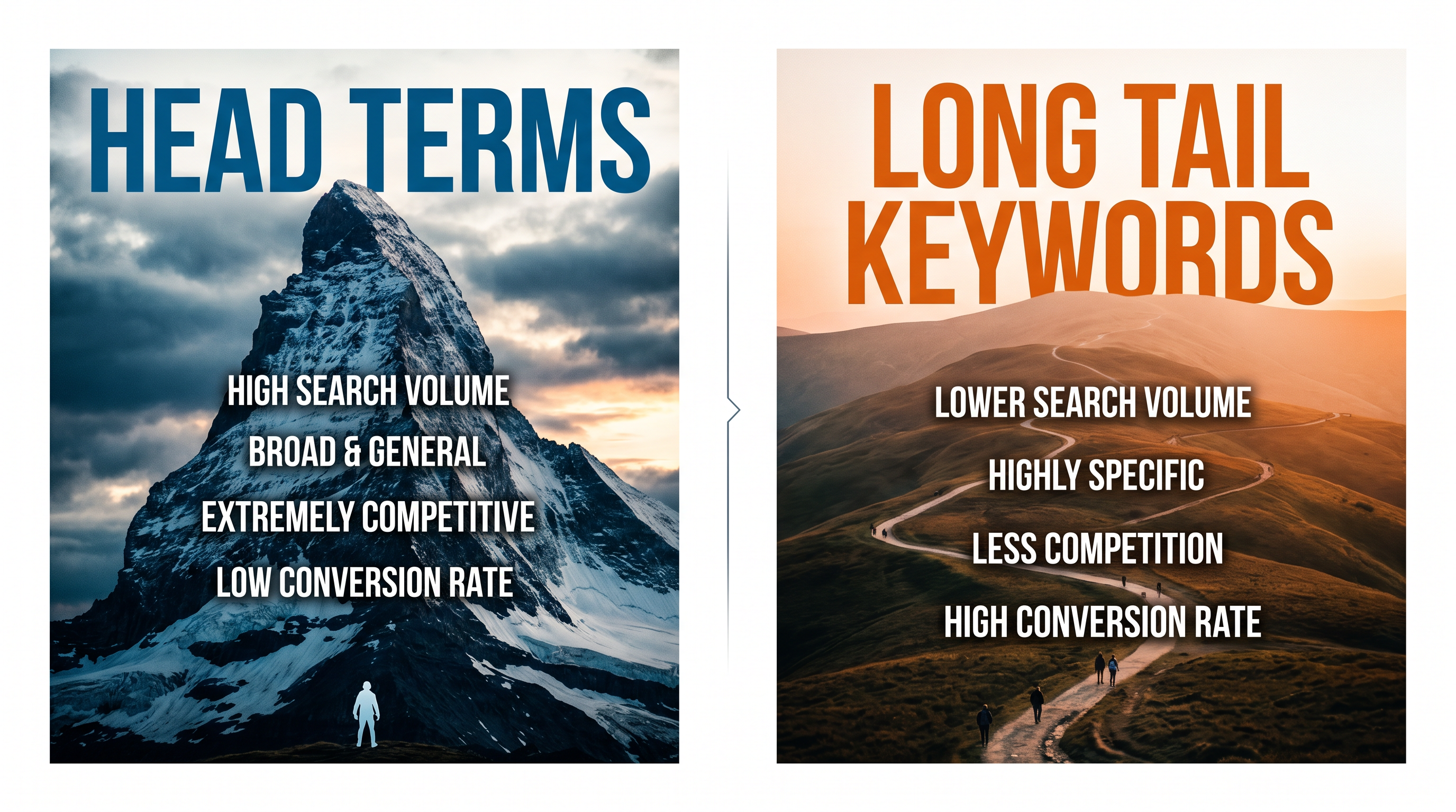 Side-by-side comparison infographic showing a steep mountain peak labeled 'Head Terms' versus a long