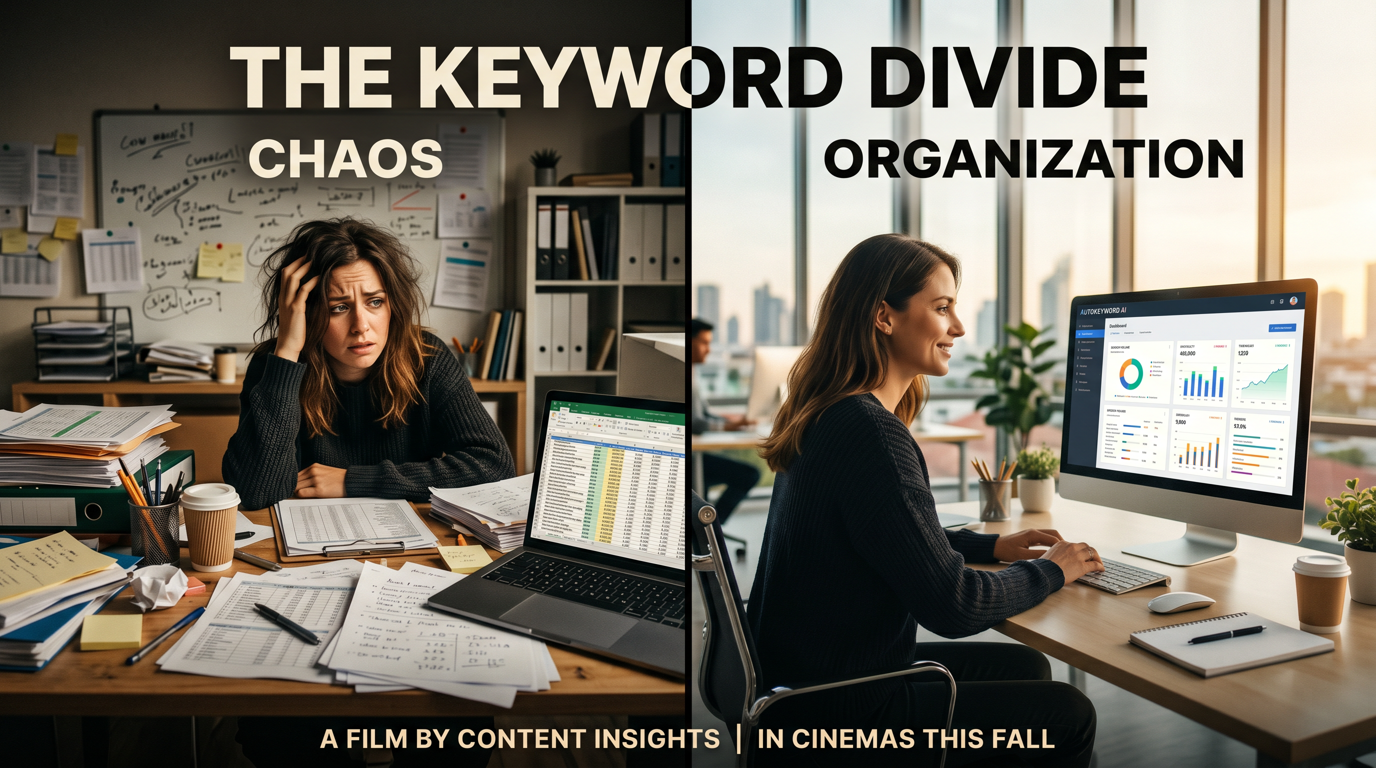 Split-screen showing a content marketer on the left looking stressed with scattered keyword spreadsh