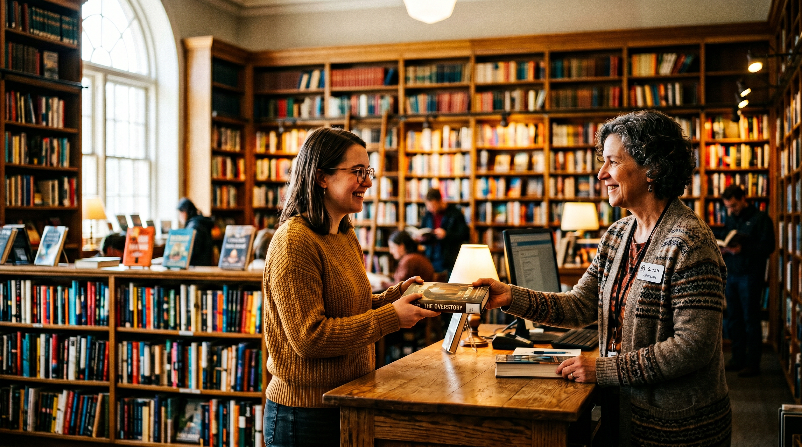 Warm, well-lit library interior with colorful organized bookshelves and a friendly librarian handing
