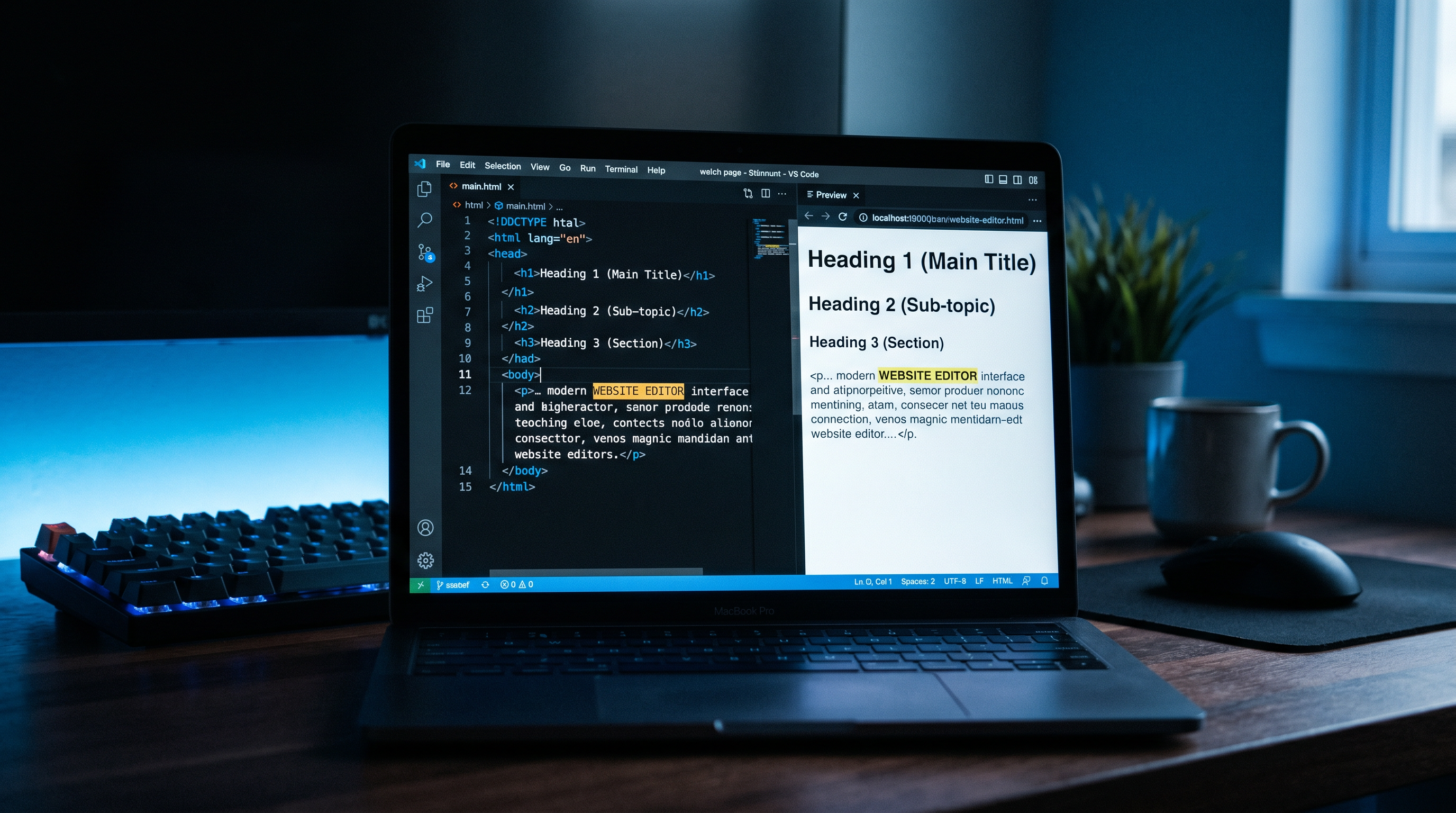 Close-up of a laptop screen showing a clean webpage editor with clearly labeled HTML headings H1 H2