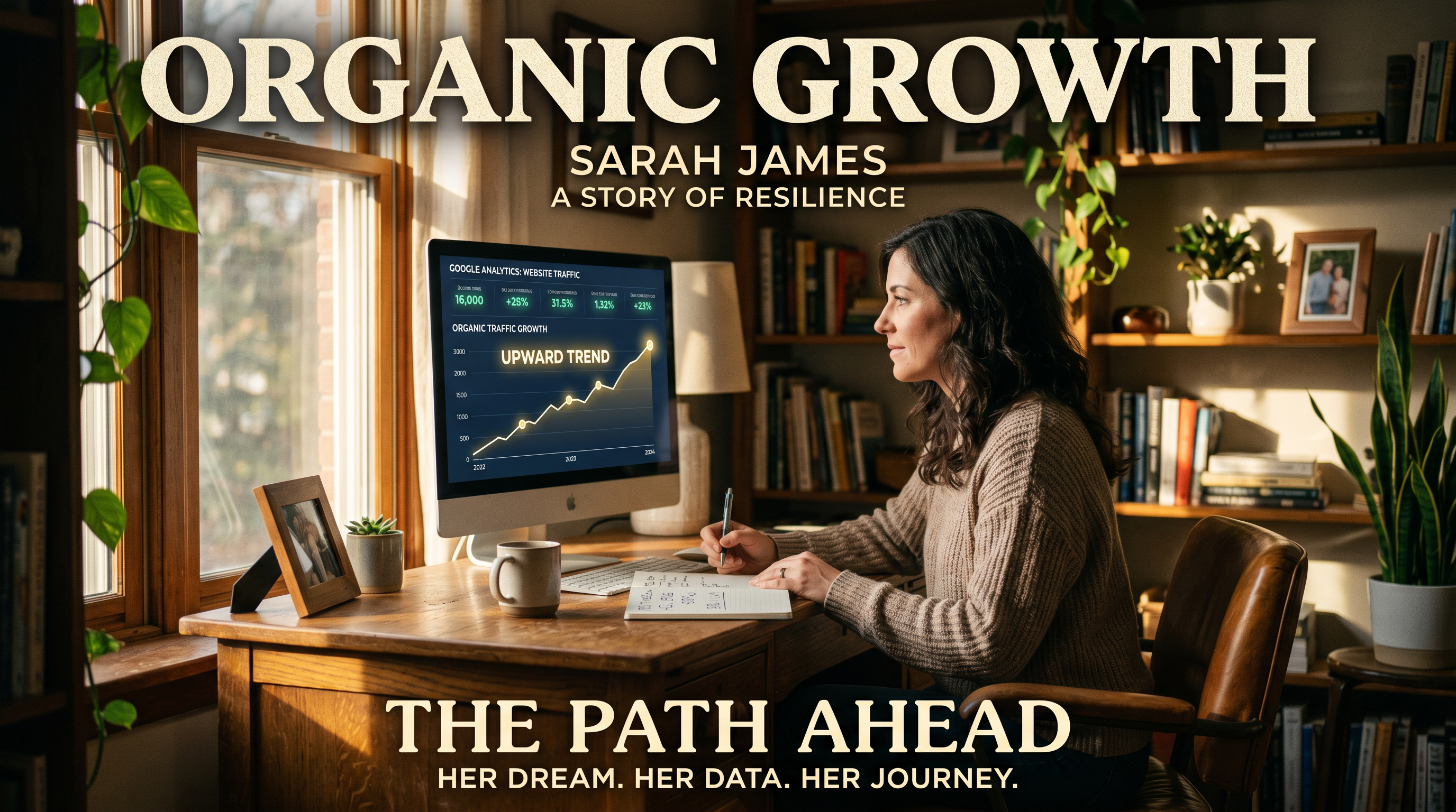 Small business owner sitting at a desk reviewing website analytics on a desktop monitor showing orga